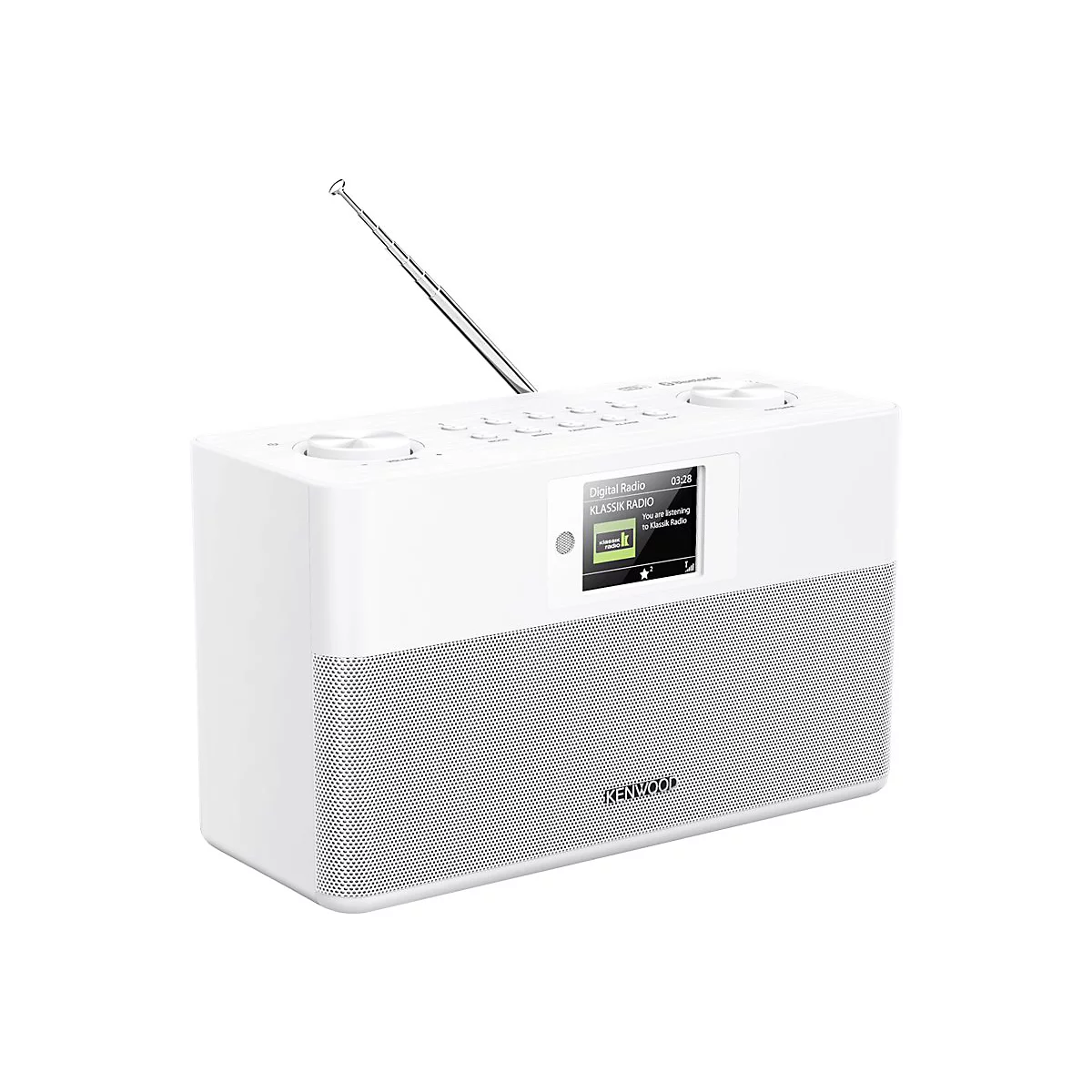 Weißes Kenwood Digitalradio mit Antenne und Display vor weißem Hintergrund.