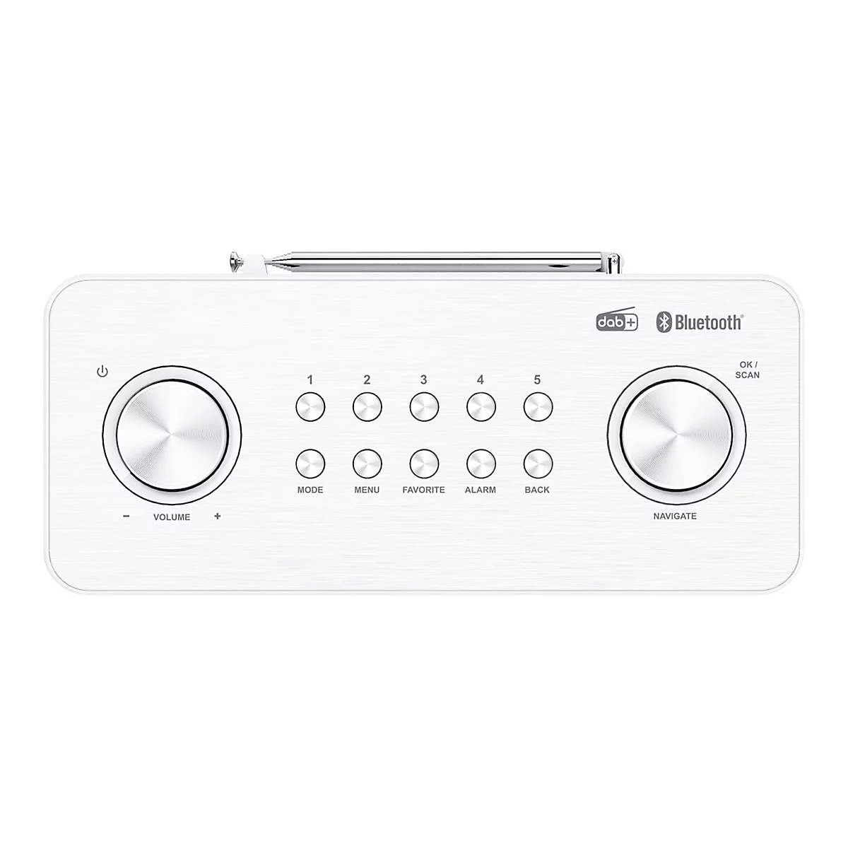 Weißes Digitalradio in Frontalansicht mit silbernen Drehknöpfen, Tasten und ausziehbarer Teleskopantenne.