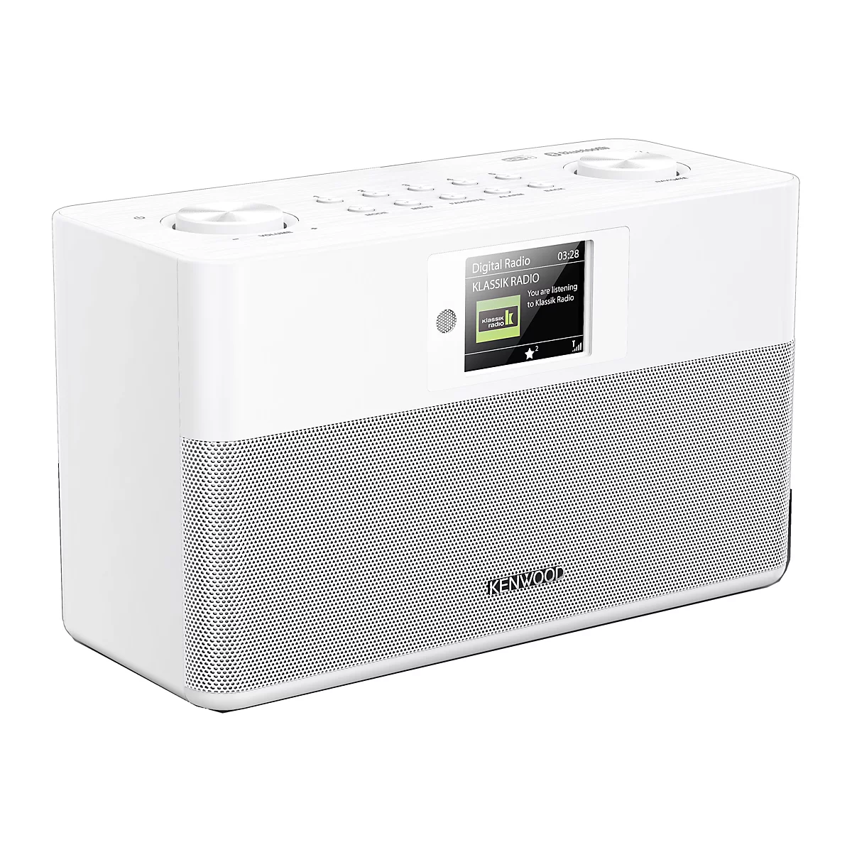 Weißes Kenwood Digitalradio mit Display, Bedientasten auf der Oberseite und Lautsprechergitter an der Front.