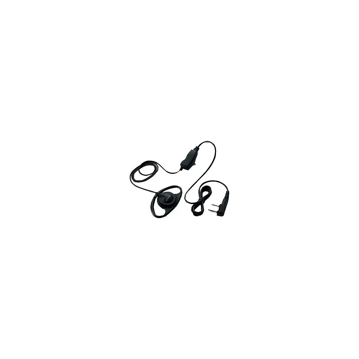 Schwarzes Ohrbügel-Headset mit Kabel, PTT-Taste und Klinkenstecker vor weißem Hintergrund.