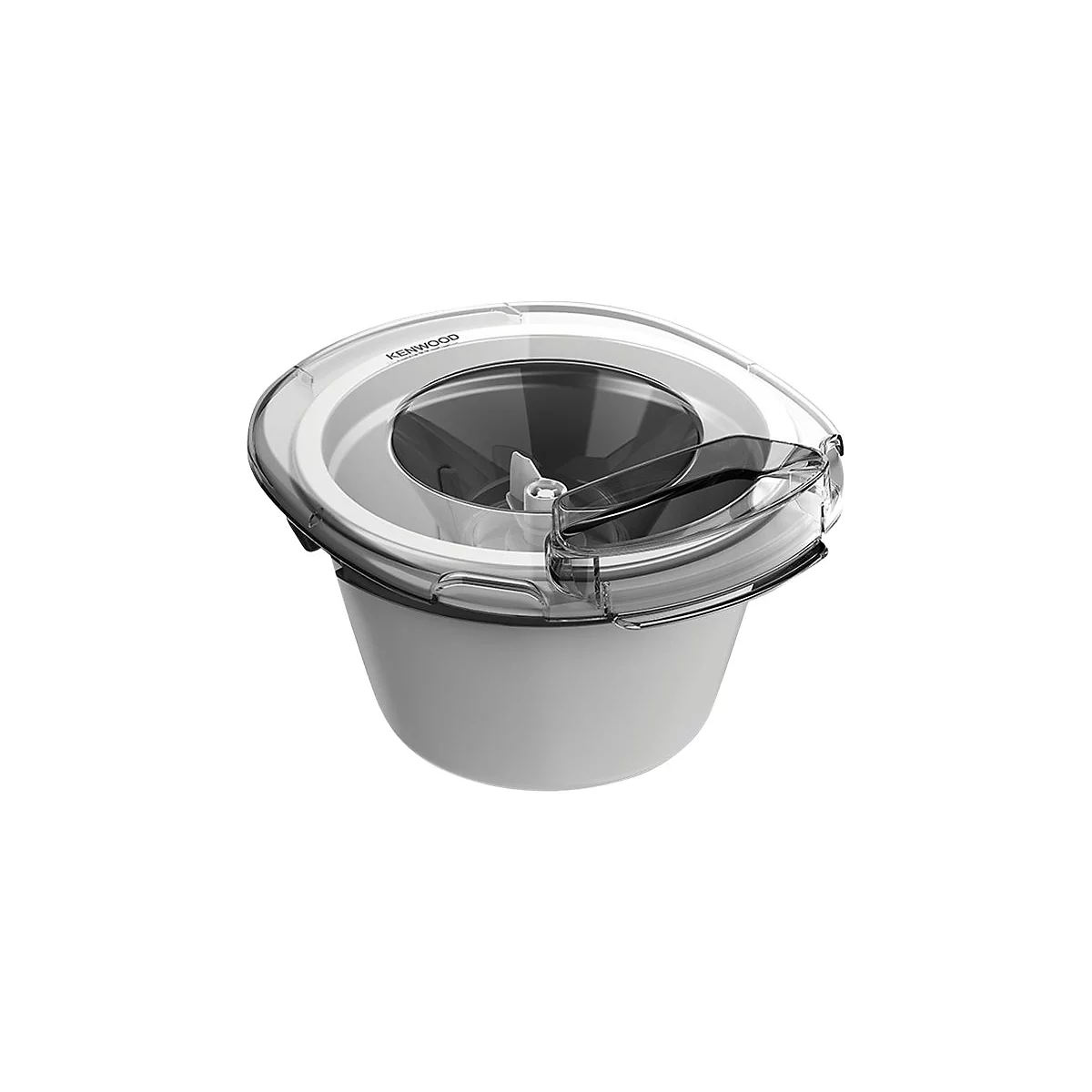 Eismaschinenaufsatz von Kenwood mit transparentem Deckel und weißem Gehäuse vor weißem Hintergrund.