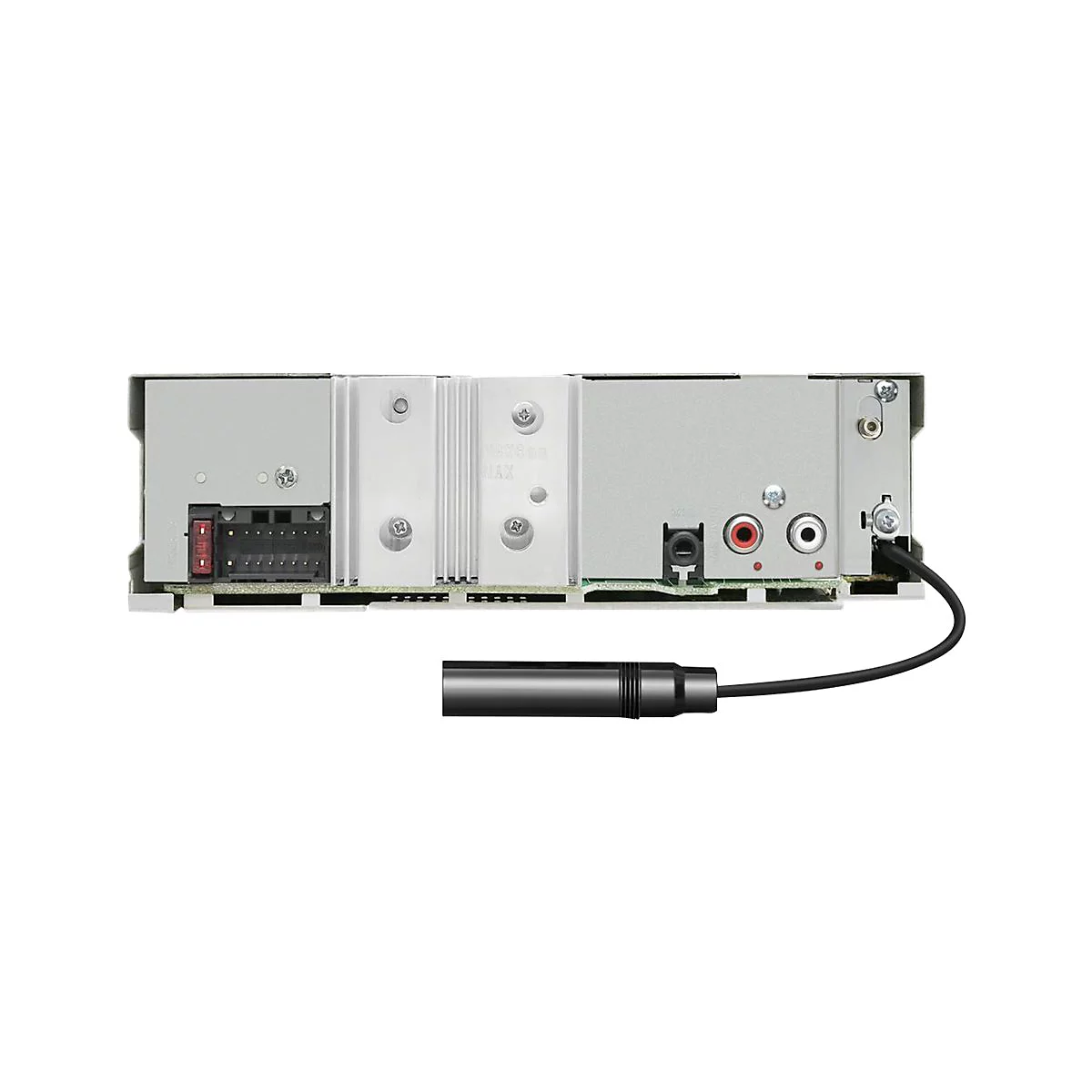 Rückseite eines Autoradios mit Anschlüssen, schwarzen Kabeln und dem Aufdruck "12v80mA MAX".