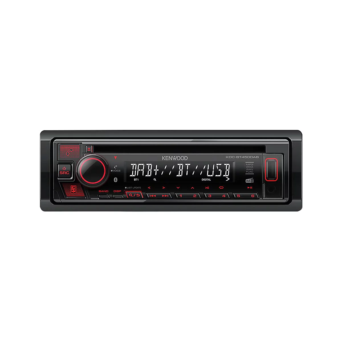 Schwarzes Autoradio von Kenwood, Knöpfe, Display. DAB+, Bluetooth, USB, MP3, WAV und FLAC.