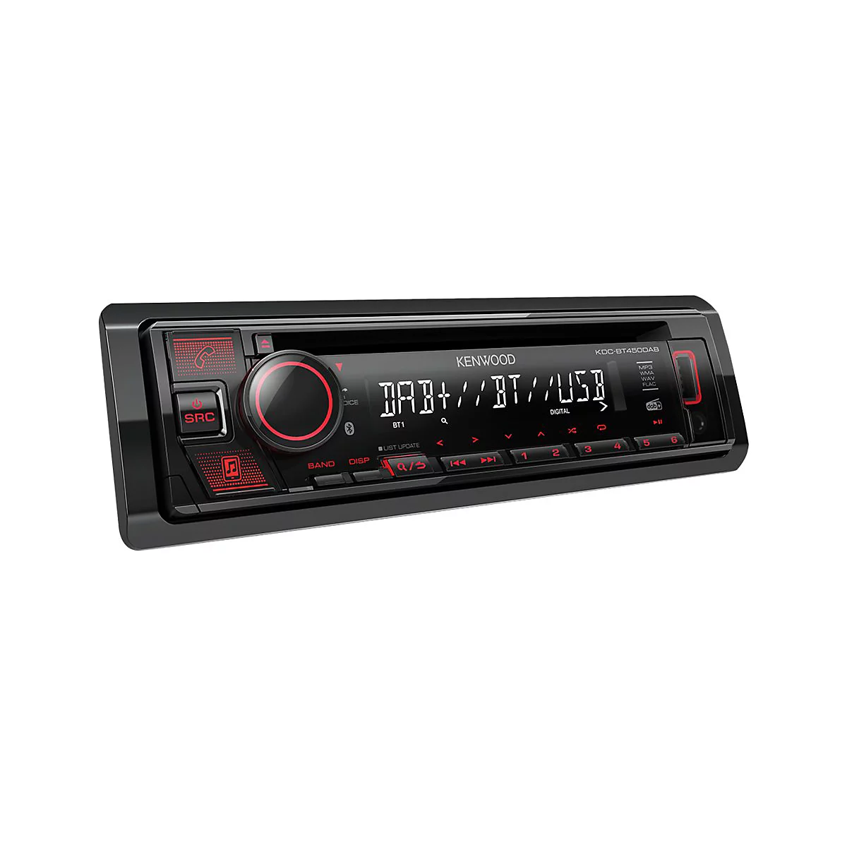 Schwarzes Autoradio mit Bedienfeld. Display zeigt DAB+/BT/USB-Anzeige, dazu Tasten und Drehregler.
