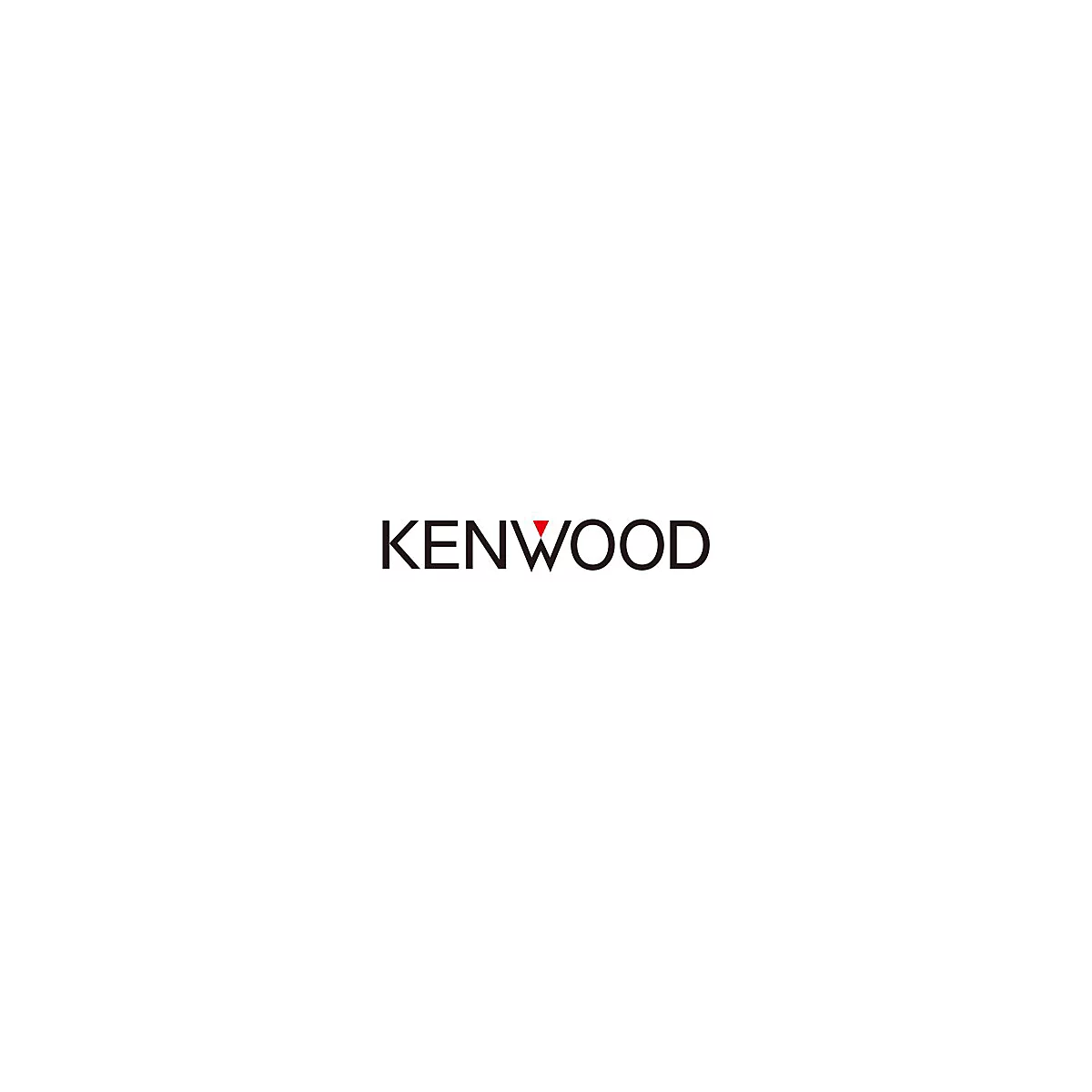 Schwarzer Kenwood-Schriftzug auf weißem Hintergrund mit einem roten Dreieck im Buchstaben W.