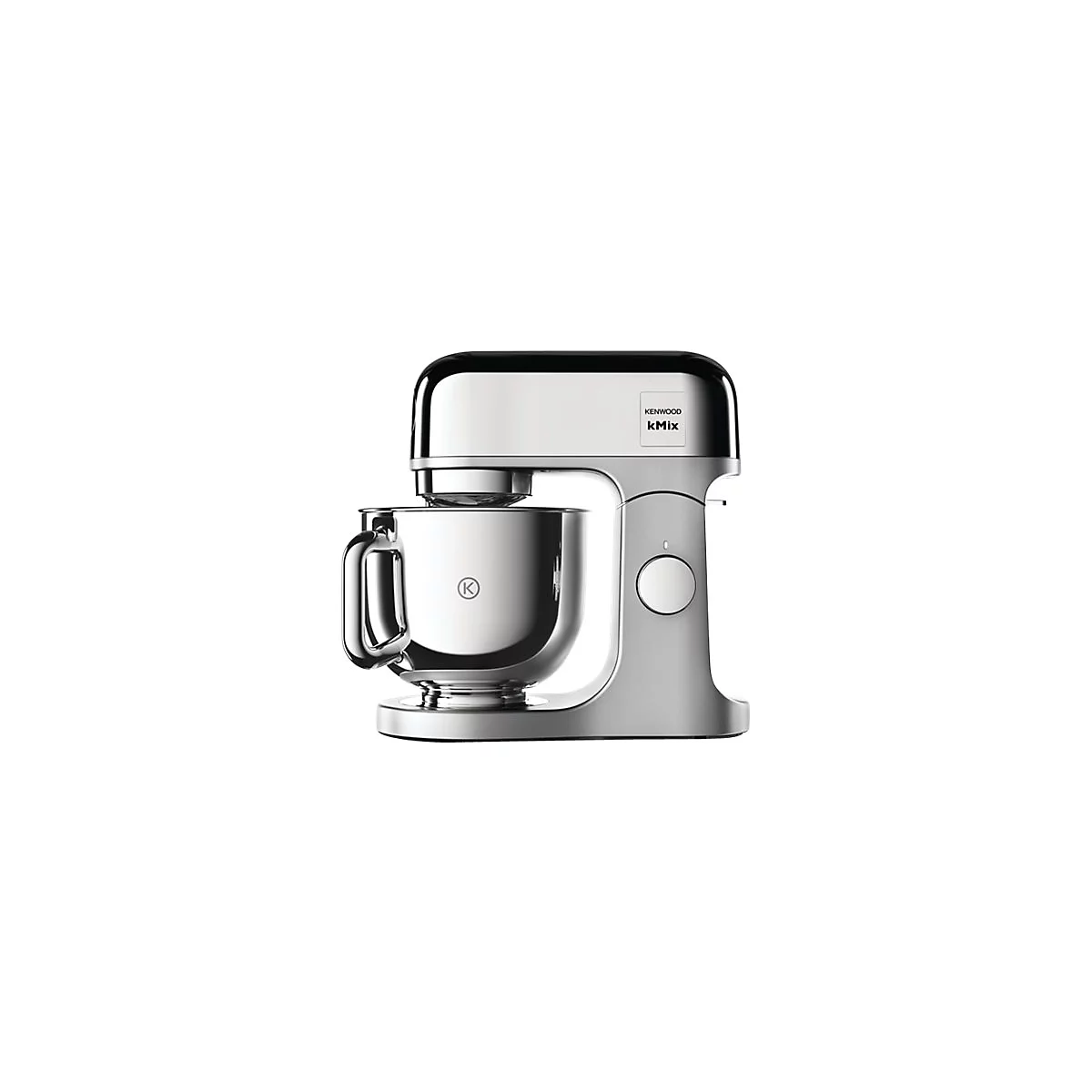 Silberne Kenwood kMix Küchenmaschine vor weißem Hintergrund.