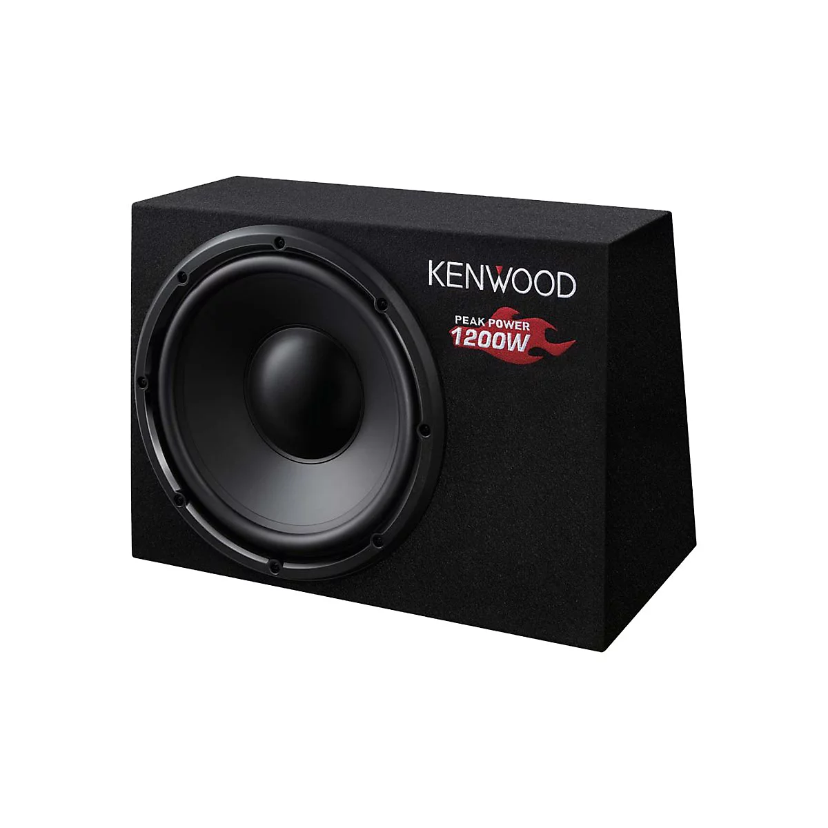 Schwarzer Kenwood-Subwoofer mit 1200W Leistung, rotem Flammenlogo.