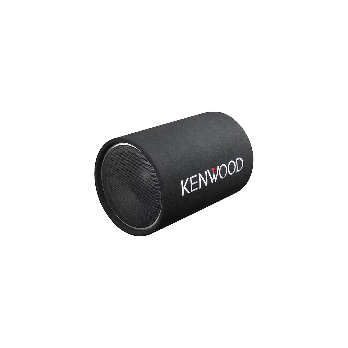 Schwarzer Kenwood Röhren-Subwoofer vor weißem Hintergrund.