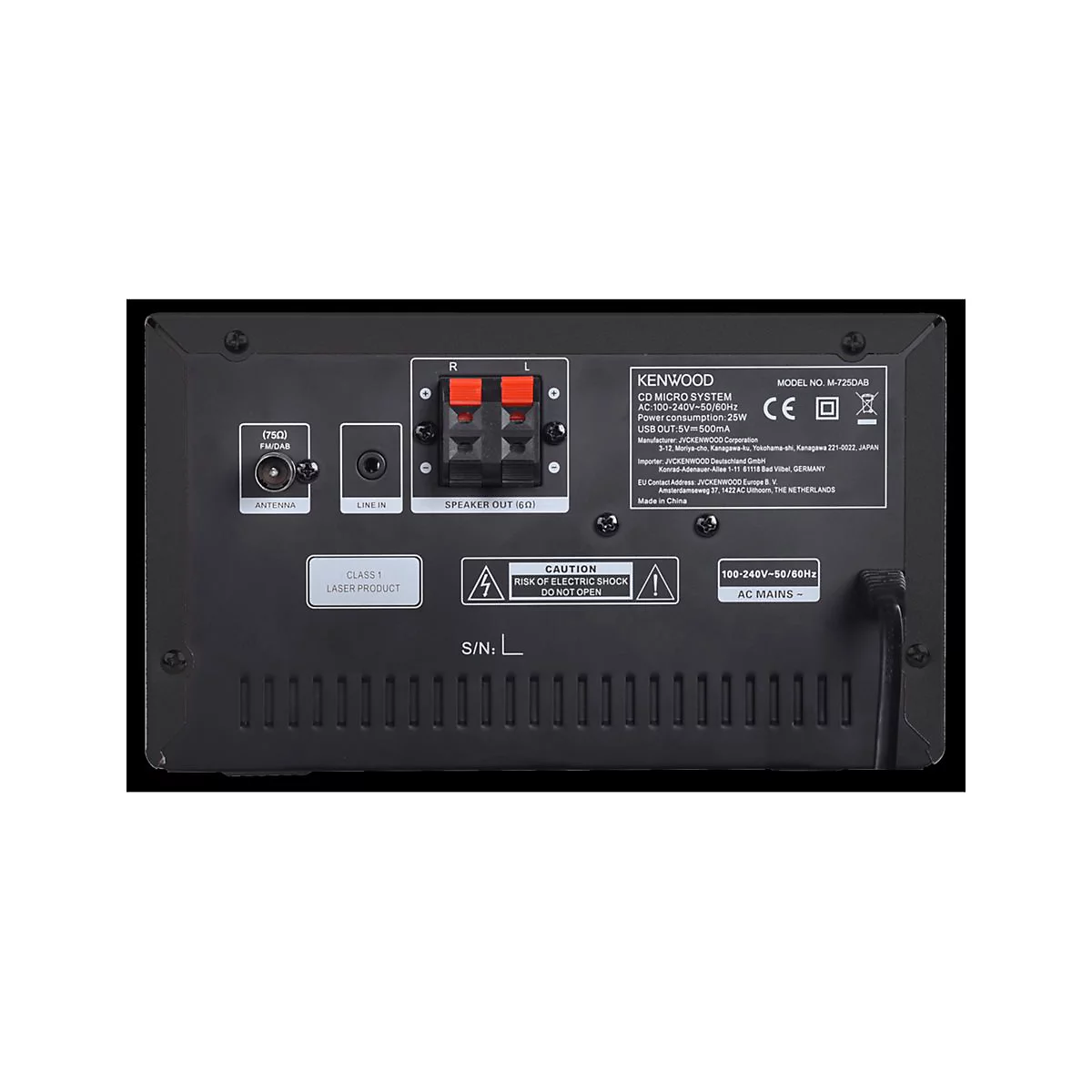 Rückseite eines Kenwood M-725DAB mit Anschlüssen für Antenne, Line-in, Lautsprecher und Netzkabel.