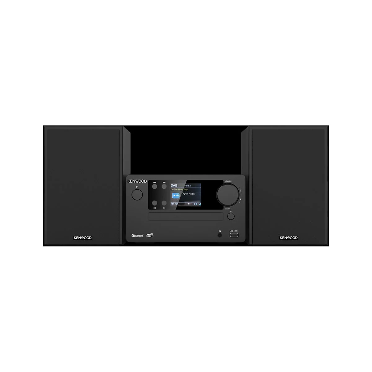 Schwarze Kenwood Stereoanlage mit zwei Lautsprechern und zentralem Display vor weißem Hintergrund.