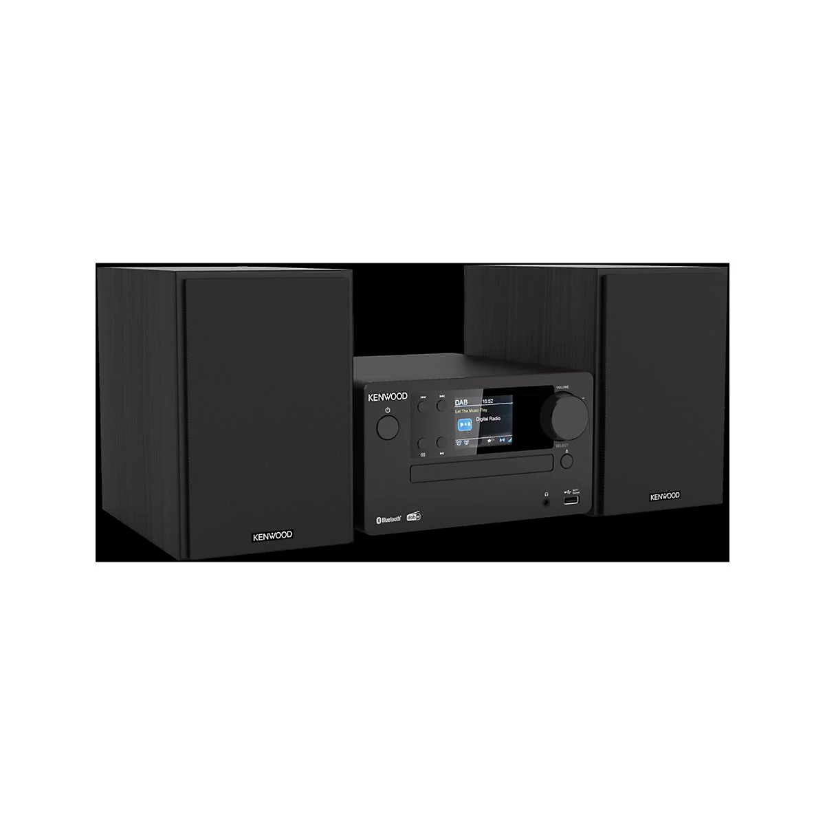 Schwarze Kenwood Kompaktanlage mit zwei Lautsprechern und digitalem Display vor neutralem Hintergrund.