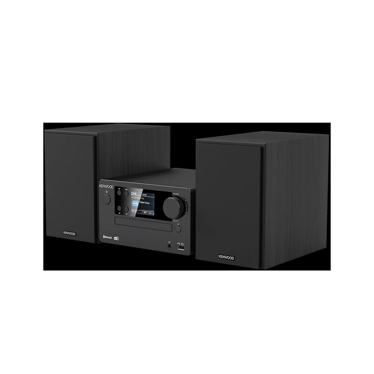 Schwarze Kenwood Stereoanlage mit zwei Lautsprechern und zentralem Empfänger vor schwarzem Hintergrund.