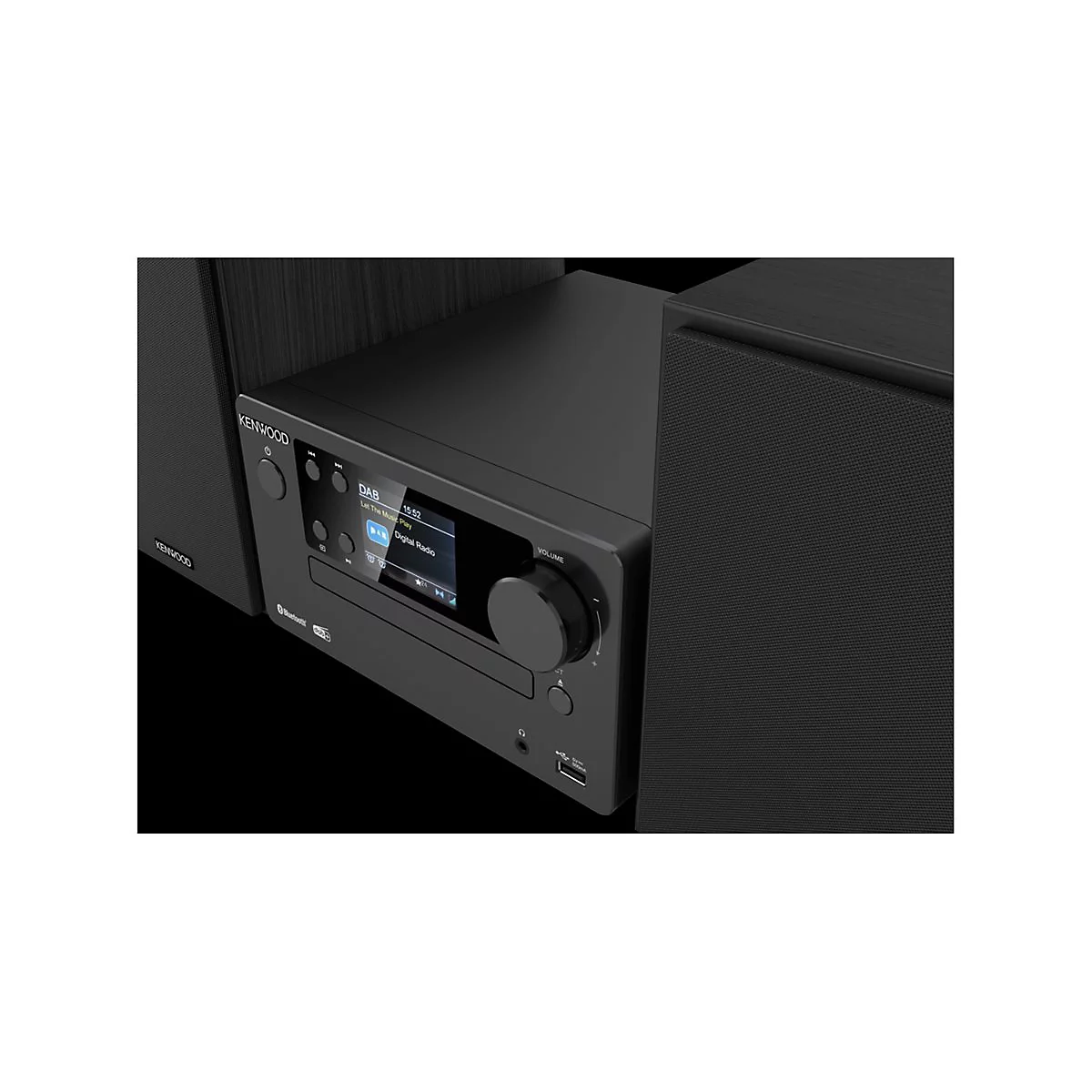 Schwarze Kenwood Stereoanlage mit Display, Lautstärkeregler und Lautsprechern vor schwarzem Hintergrund.