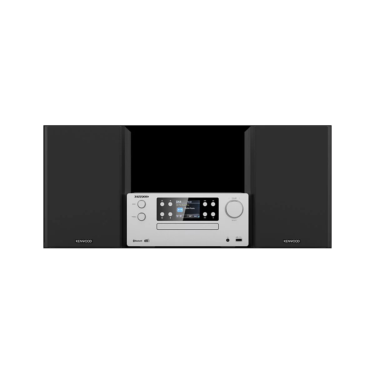 Silberne Kenwood Stereoanlage mit zwei schwarzen Lautsprechern vor weißem Hintergrund.
