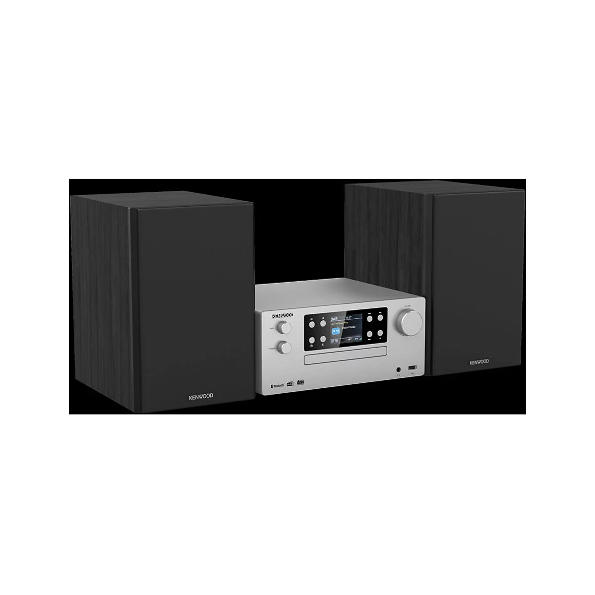 Kenwood Stereoanlage in Silber mit zwei schwarzen Lautsprechern vor neutralem Hintergrund.