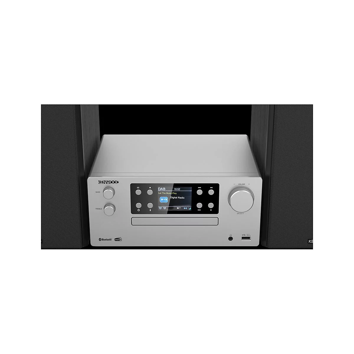Kenwood Hi-Fi-Anlage in Silber mit schwarzem Display, Bedienelementen und flankierenden Lautsprechern.