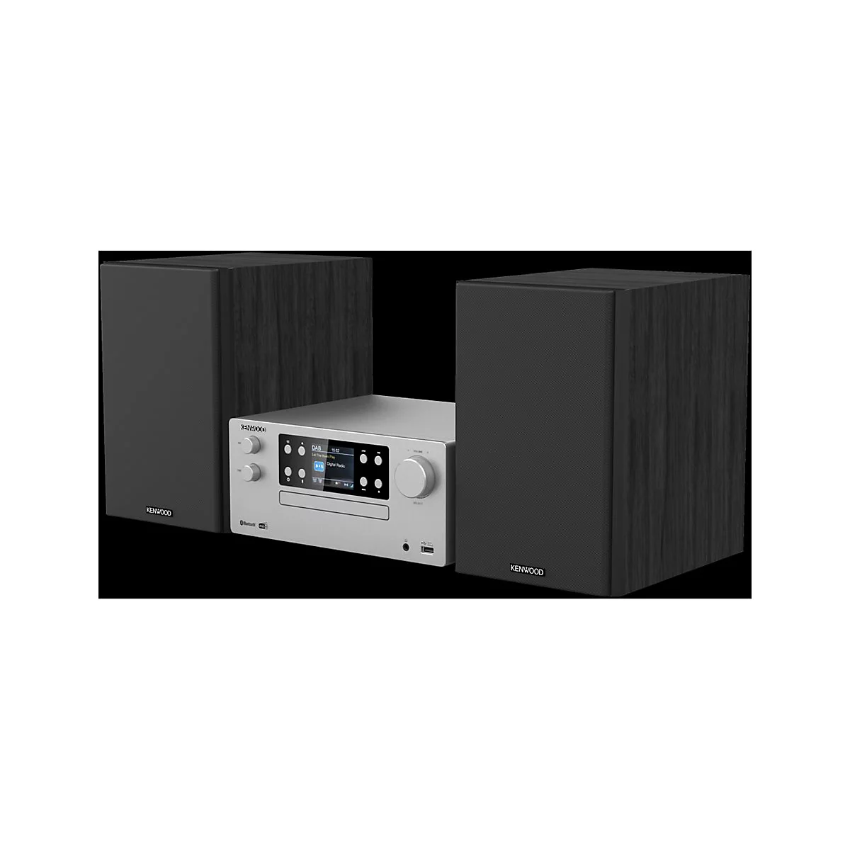 Silberne Kenwood Stereoanlage mit zwei schwarzen Lautsprechern vor schwarzem Hintergrund.