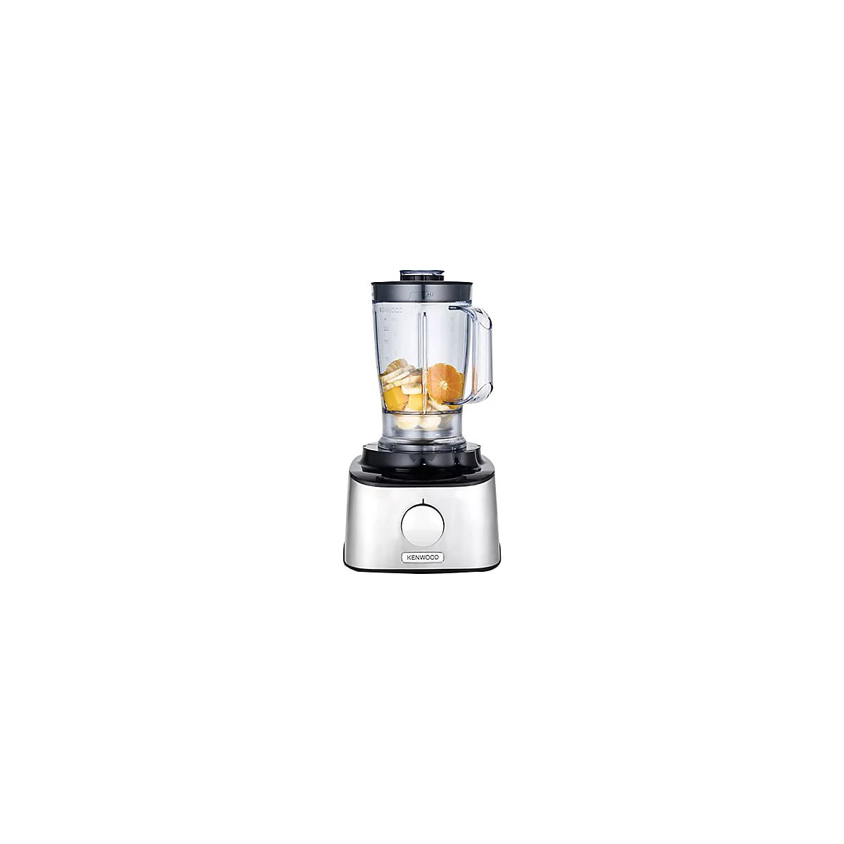 Kenwood Standmixer mit silbernem Gehäuse, schwarzem Deckel und Obststücken im durchsichtigen Kunststoffbehälter.