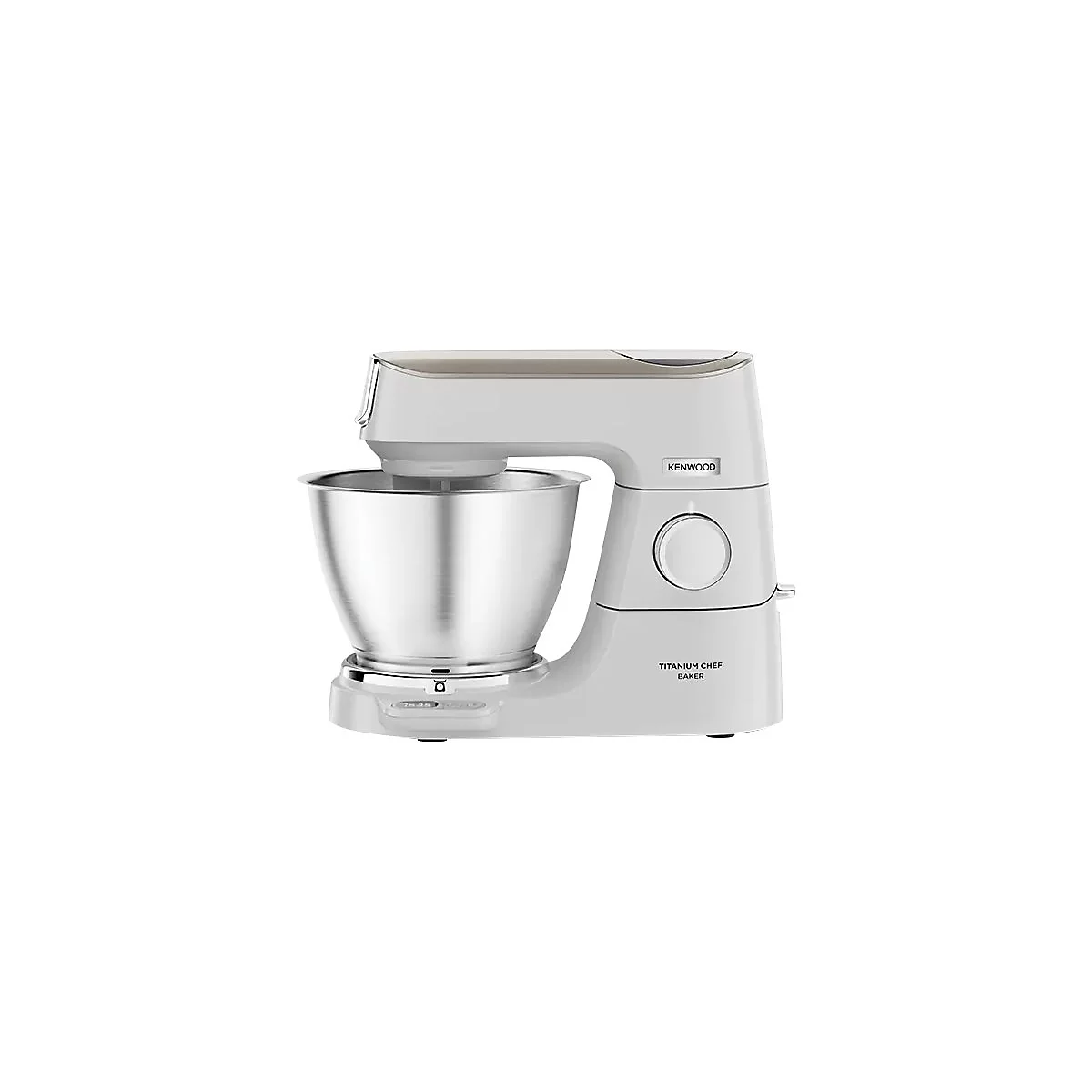 Weiße Kenwood Titanium Chef Baker Küchenmaschine mit Edelstahlschüssel vor weißem Hintergrund.