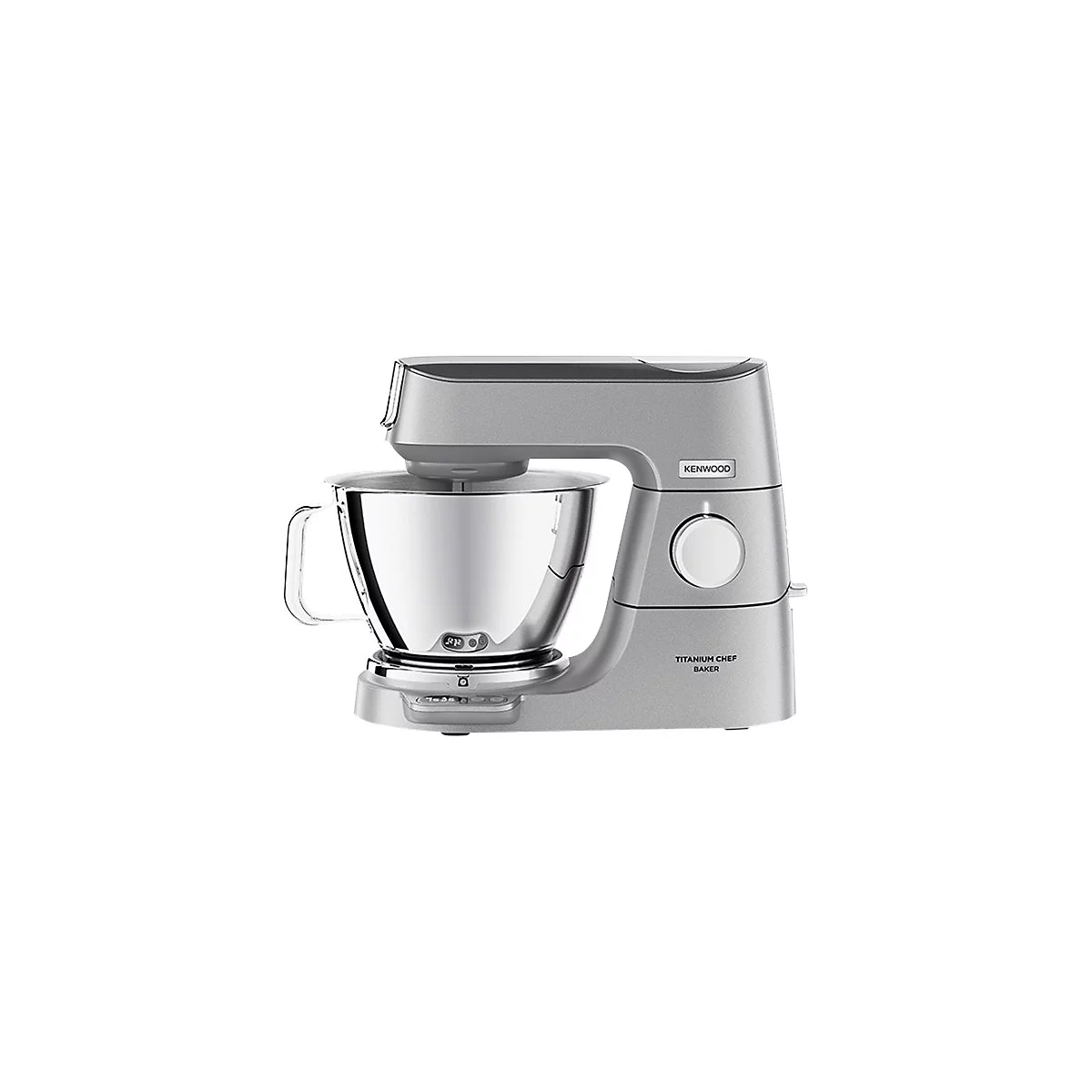 Silberne Kenwood Titanium Chef Baker Küchenmaschine mit Edelstahlschüssel vor weißem Hintergrund.