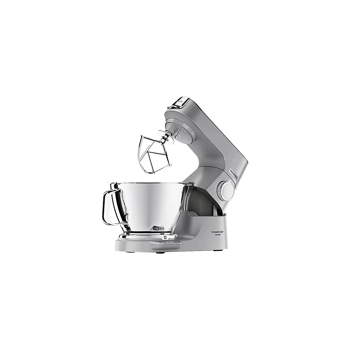 Graue Kenwood Titanium Chef Baker Küchenmaschine mit Edelstahlschüssel auf weißem Hintergrund.