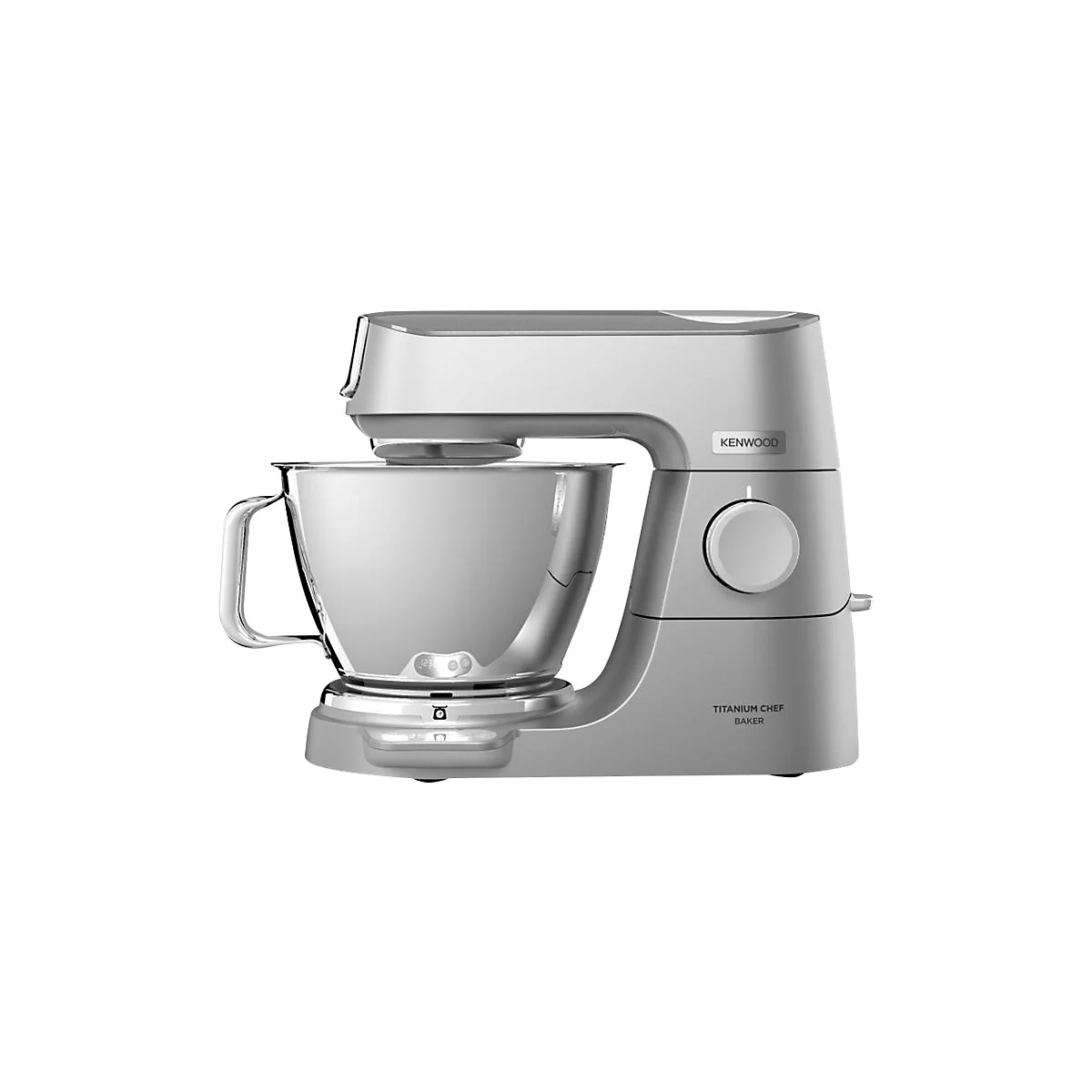 Silberne Kenwood Titanium Chef Baker Küchenmaschine mit Edelstahlschüssel vor weißem Hintergrund.