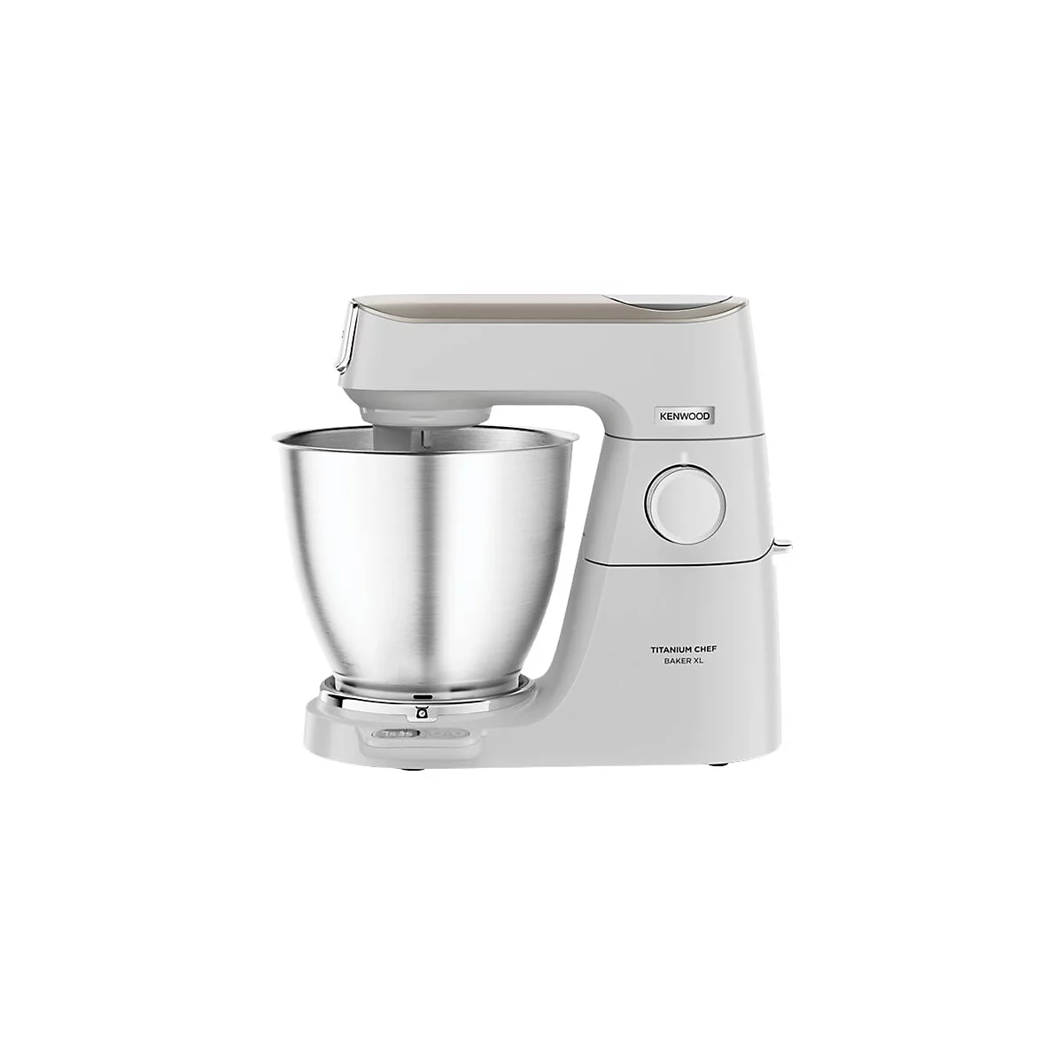Weiße Kenwood Titanium Chef Baker XL Küchenmaschine mit Edelstahlschüssel vor weißem Hintergrund.