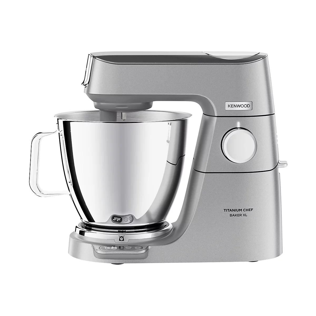 Silberne Kenwood Titanium Chef Baker XL Küchenmaschine mit Rührschüssel vor weißem Hintergrund.