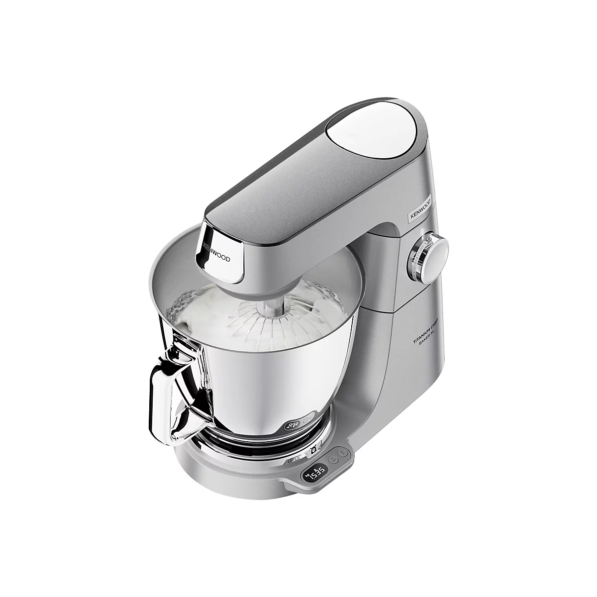 Silberne Kenwood Titanium Chef Baker XL Küchenmaschine mit Rührschüssel und integrierter Waage.