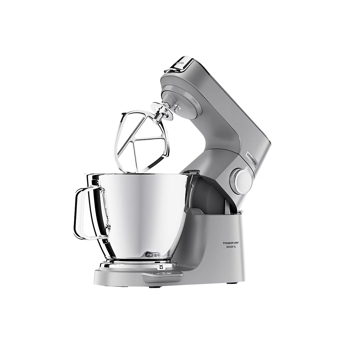 Graue Kenwood Titanium Chef Baker XL Küchenmaschine mit Rührschüssel und K-Haken vor weißem Hintergrund.