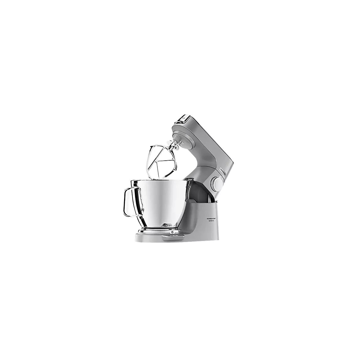 Graue Kenwood Titanium Chef Baker XL Küchenmaschine mit Edelstahlschüssel und Rühraufsatz.