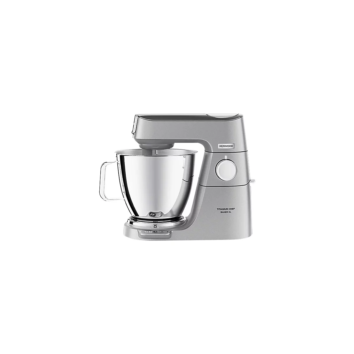 Silberne Kenwood Titanium Chef Baker XL Küchenmaschine mit Rührschüssel vor weißem Hintergrund.