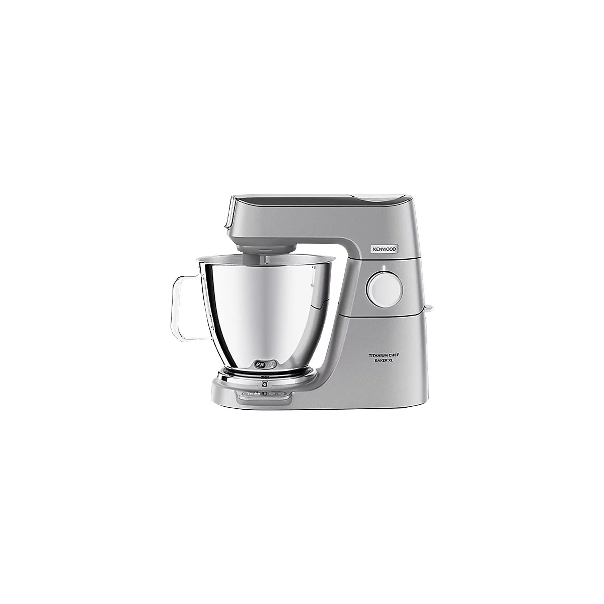 Silberne Kenwood Titanium Chef Baker XL Küchenmaschine vor weißem Hintergrund.