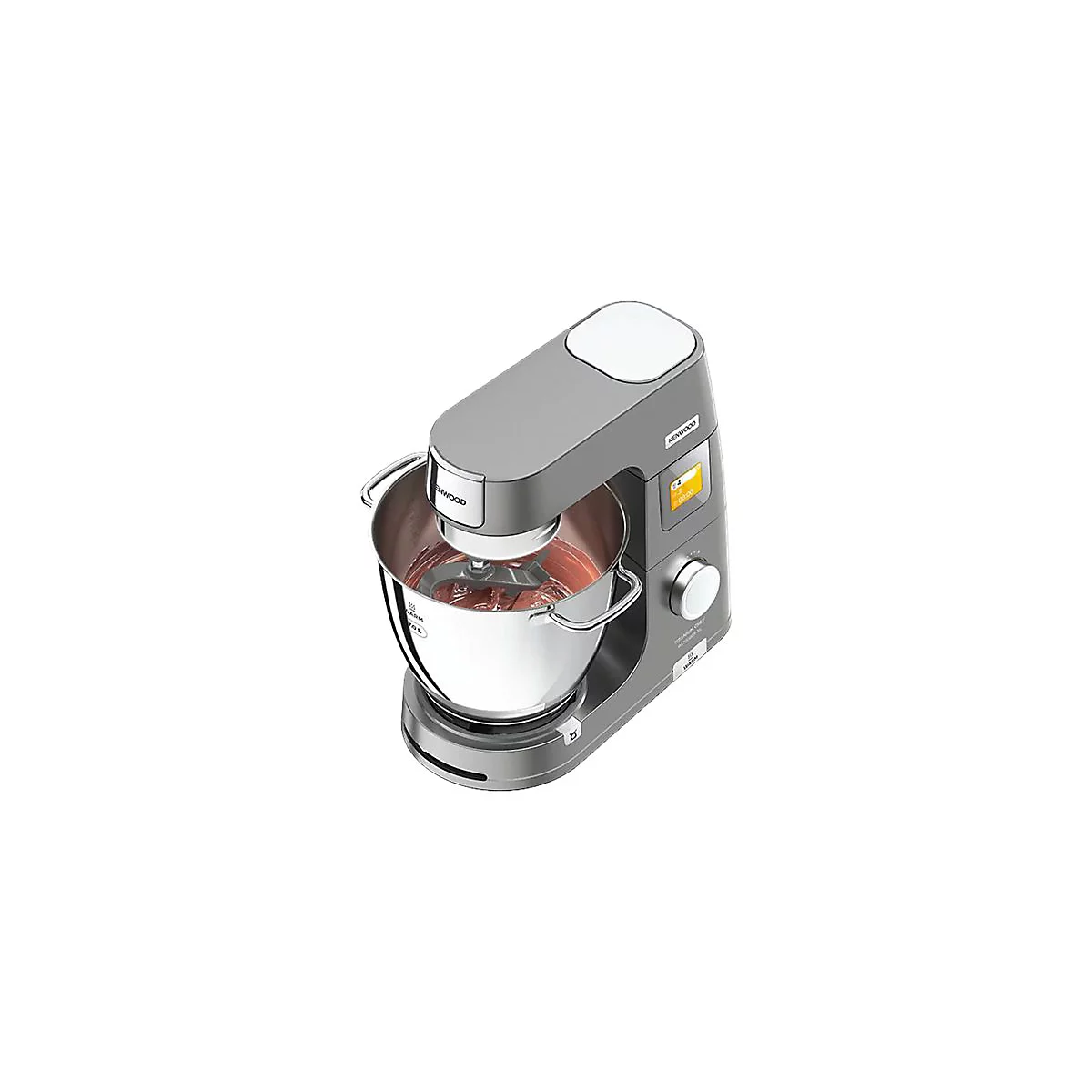 Graue Kenwood Küchenmaschine mit Edelstahlschüssel, in der eine rötliche Masse von einem Knethaken bearbeitet wird.