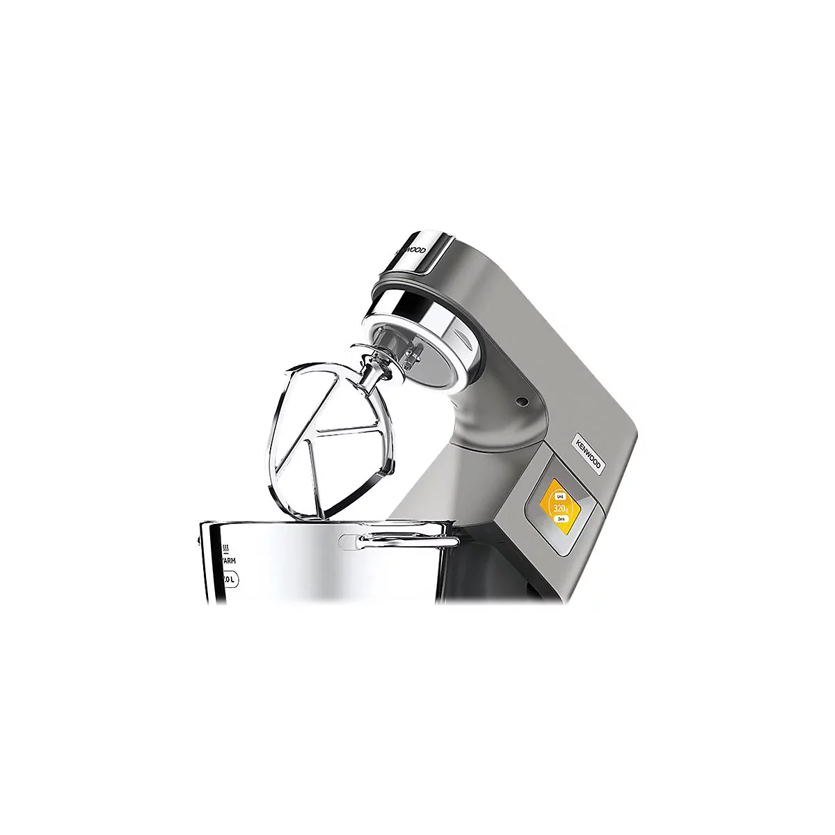 Graue Kenwood Küchenmaschine mit digitalem Display und Edelstahl-Rührelement vor neutralem Hintergrund.