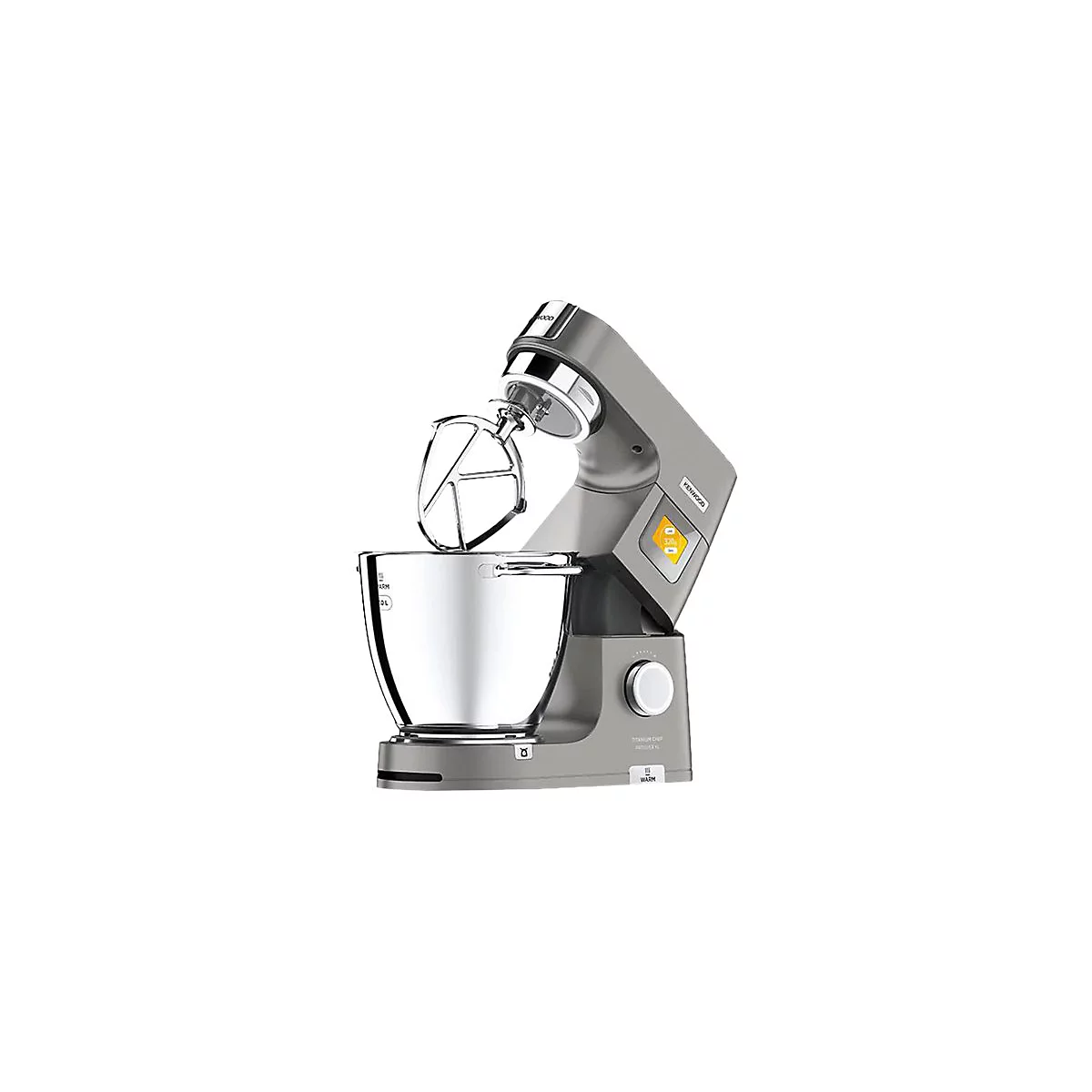 Graue Kenwood Küchenmaschine mit Edelstahl-Rührschüssel und digitalem Display vor weißem Hintergrund.