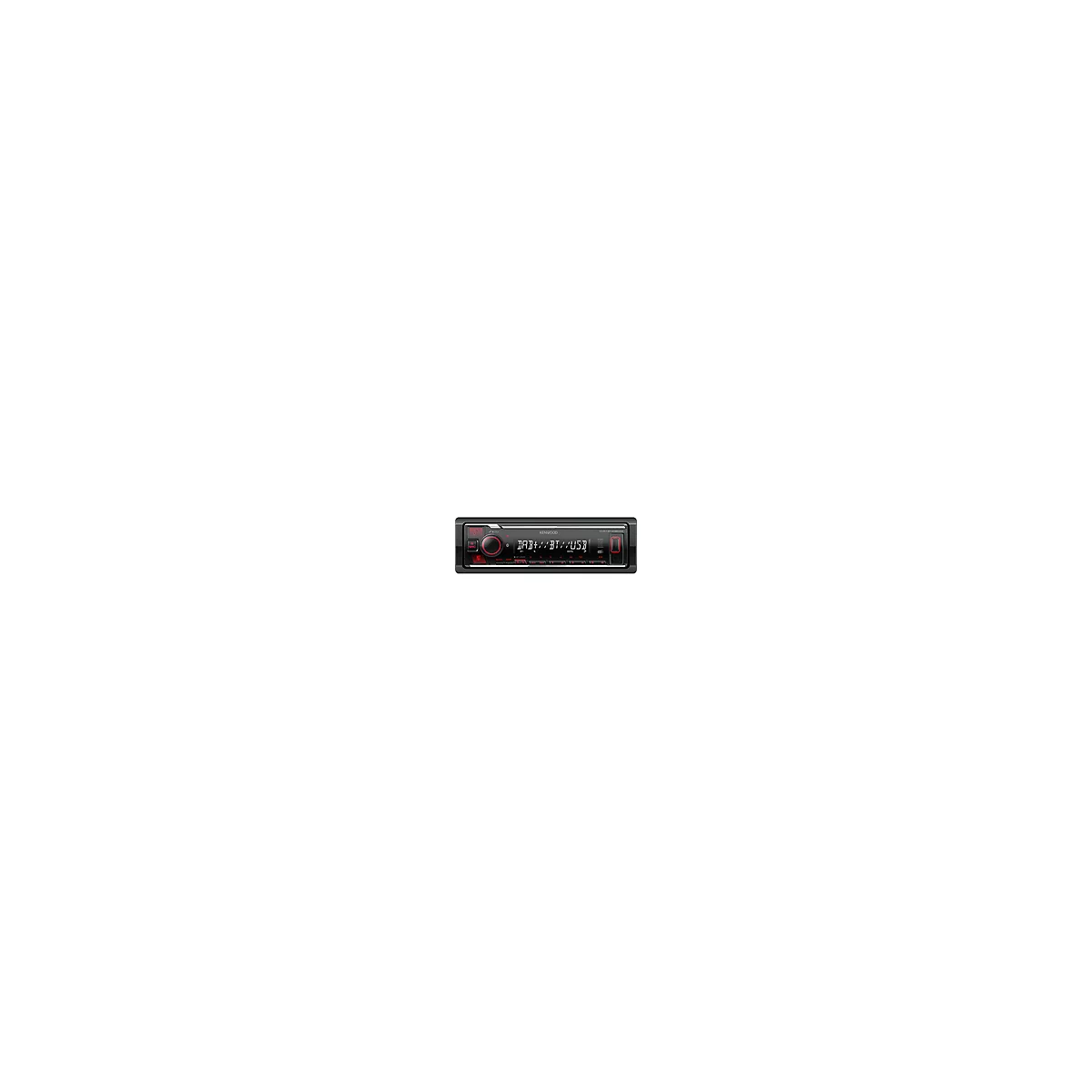 Schwarzes Autoradio von Kenwood mit roter Beleuchtung. Es zeigt DAB+, BT, und USB-Funktionen an.