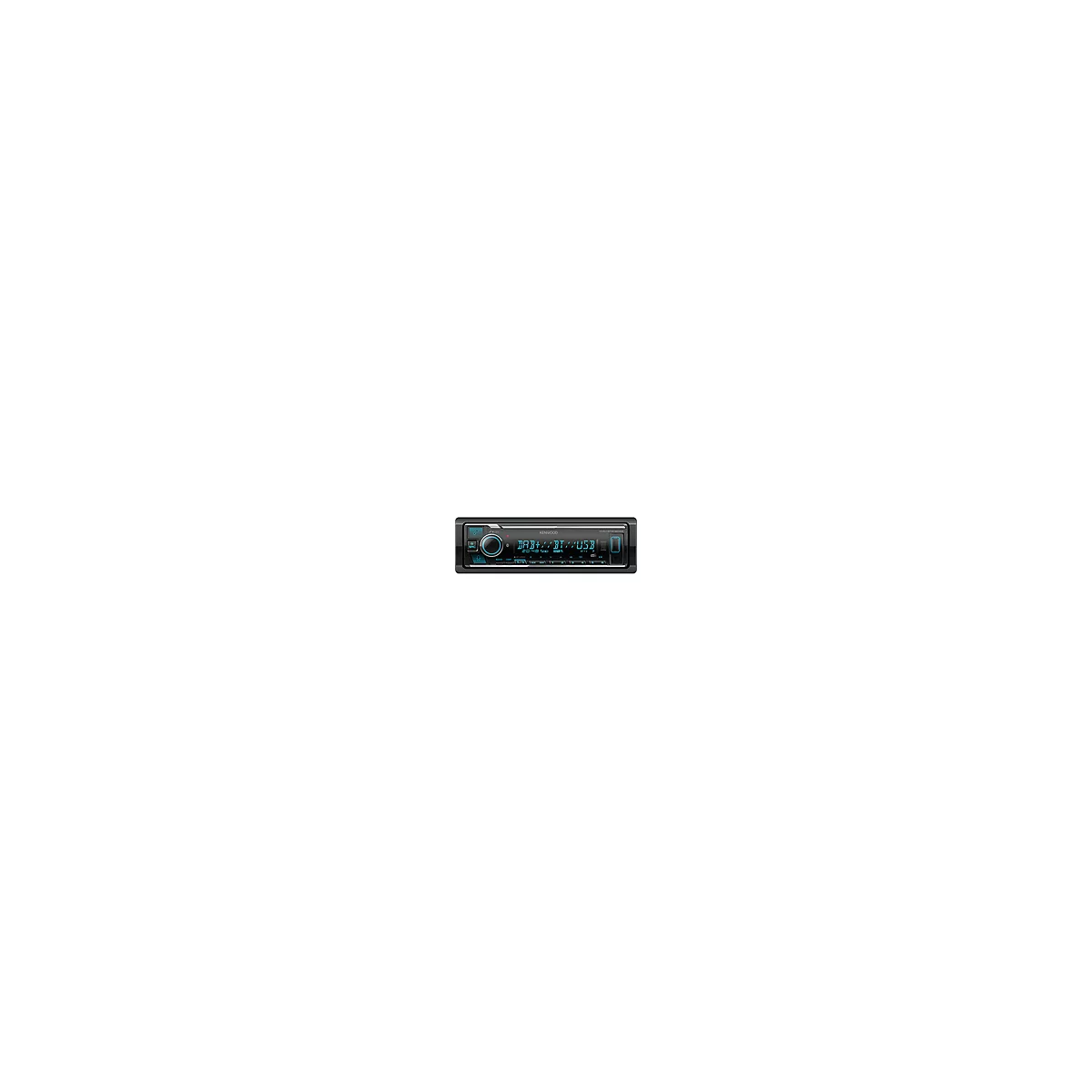 Schwarzes Autoradio mit blauem Knopf und Display. Anzeige: DAB+, BT, USB. Aufschrift: KENWOOD.