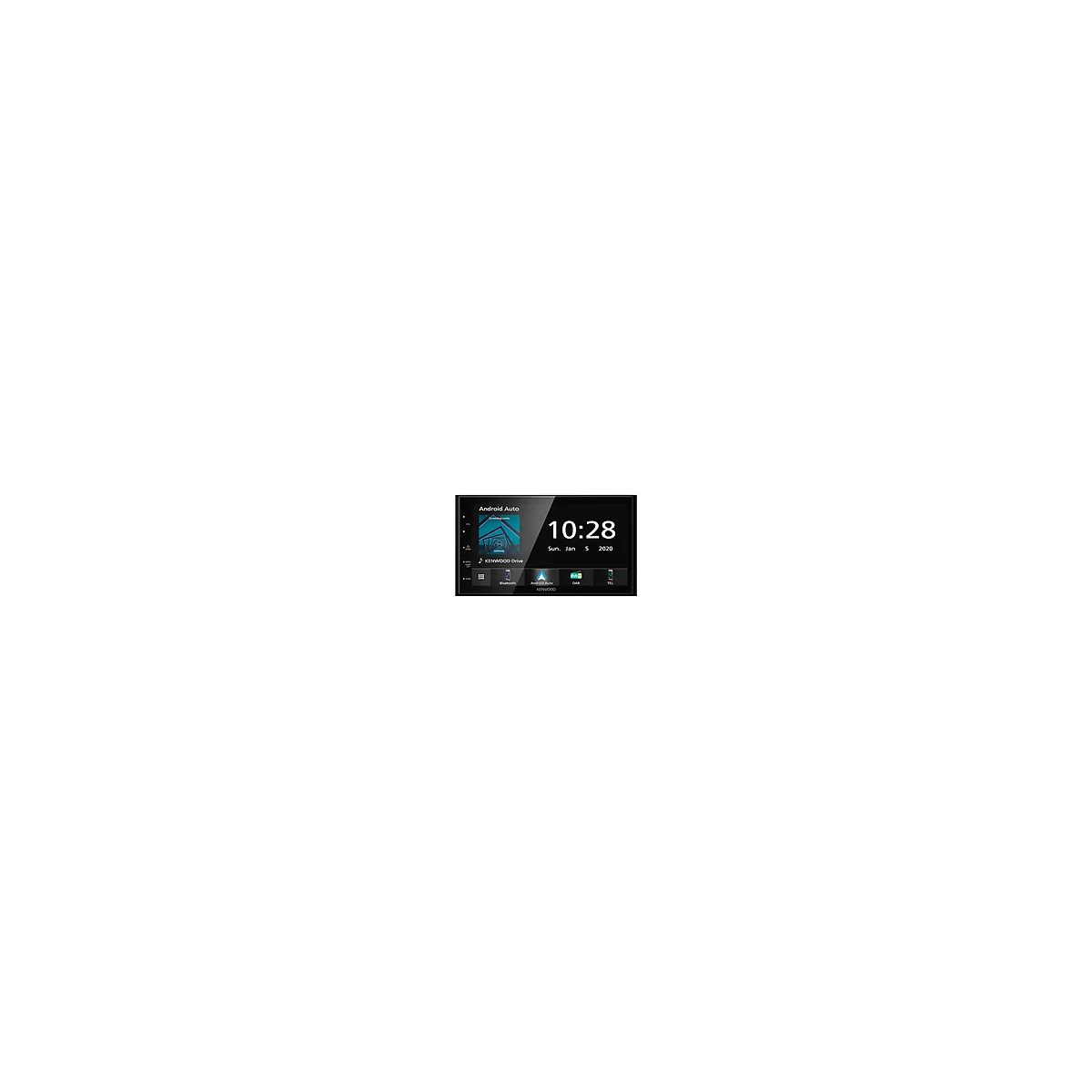 Ein schwarzes Autoradio-Display mit der Uhrzeit 10:28, Android Auto, Musikinformationen und App-Symbolen.