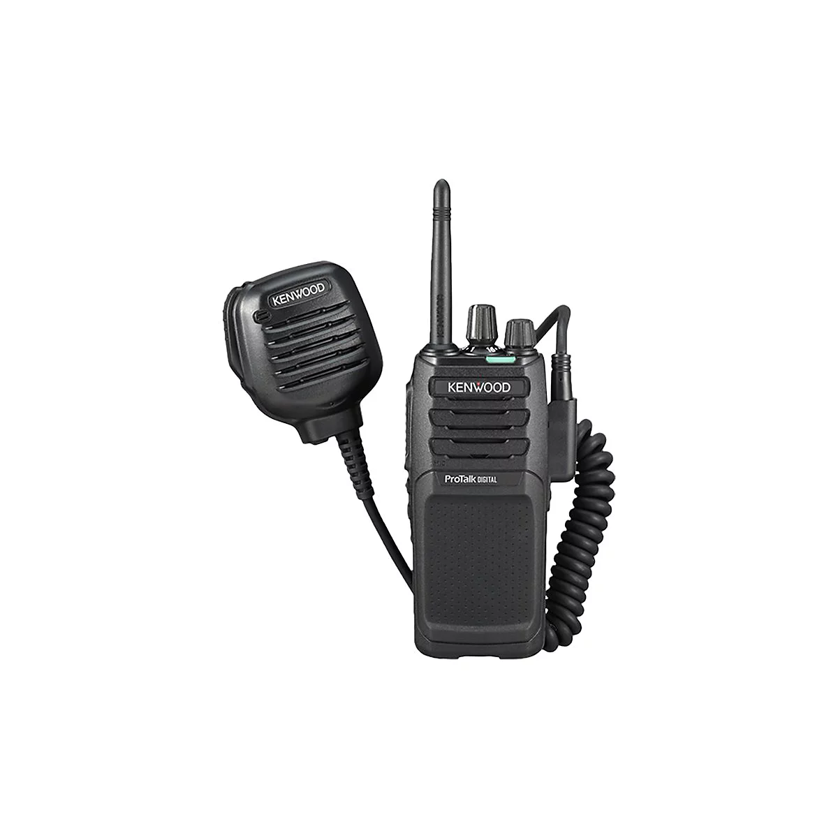 Schwarzes Kenwood Funkgerät mit Mikrofon und Antenne, vor weißem Hintergrund.