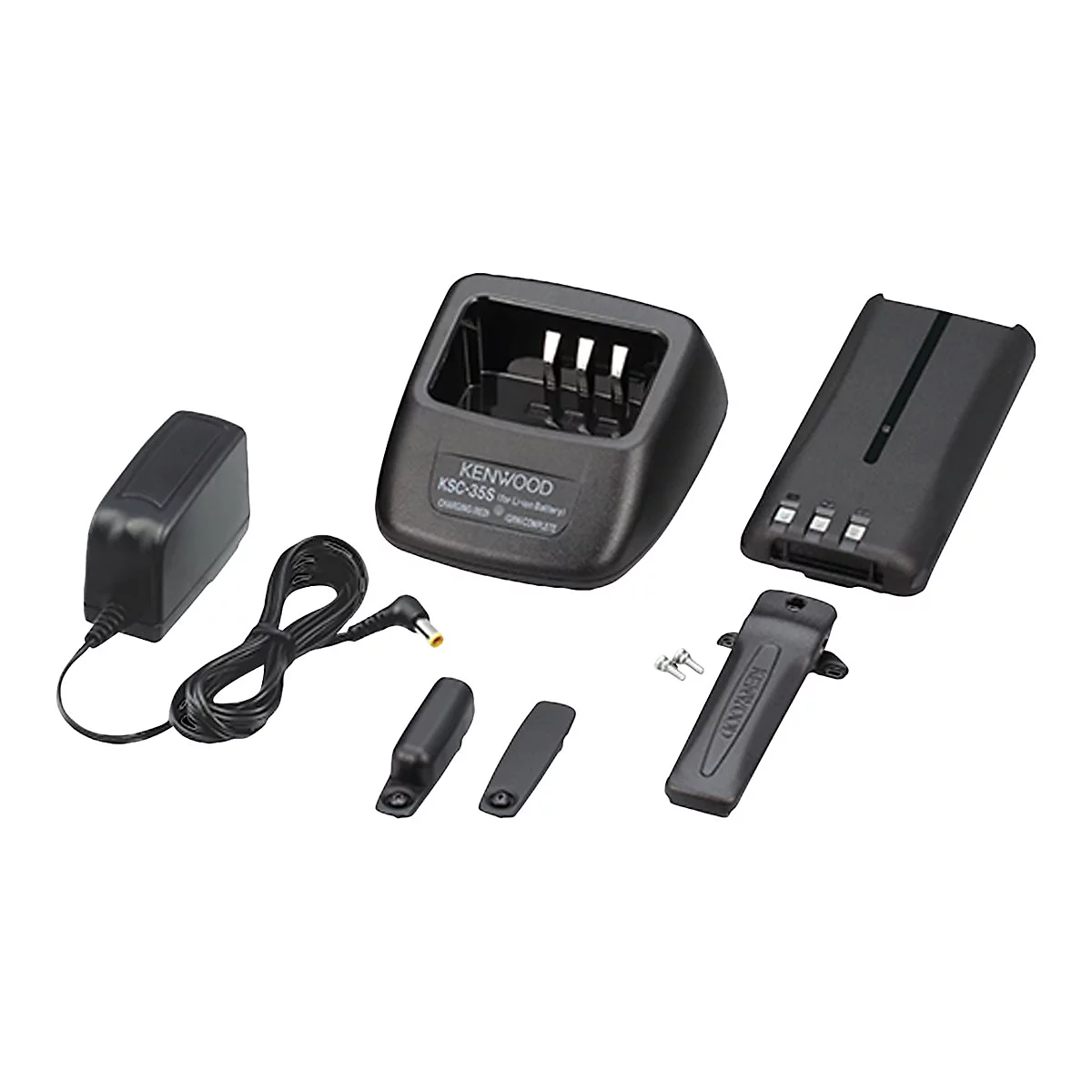 Schwarzes Ladegerät-Set für Kenwood Funkgeräte. Enthält Ladestation, Akku, Netzteil, Halterung und Schrauben.
