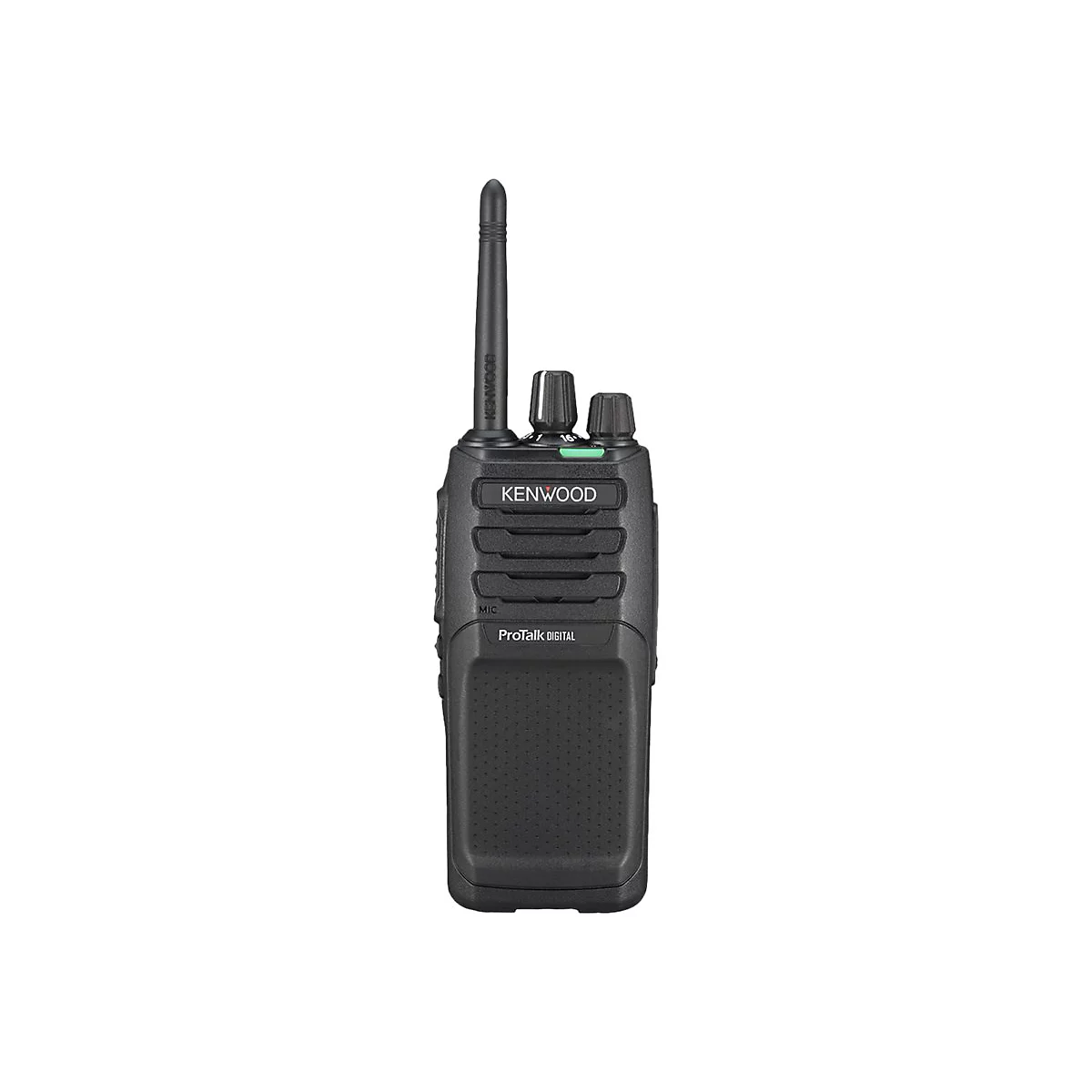 Schwarzes Funkgerät mit Antenne und „KENWOOD“ Schriftzug. Aufschrift „ProTalk DIGITAL“.