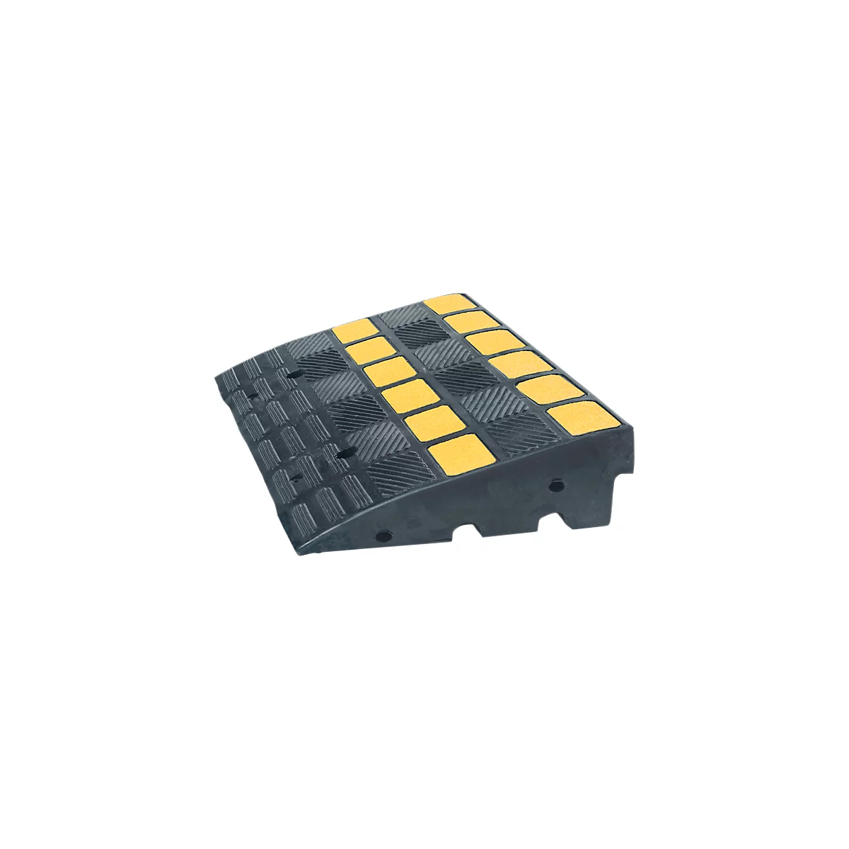 Black rubber ramp with yellow squares. Angled surface for wheelchair or vehicle.