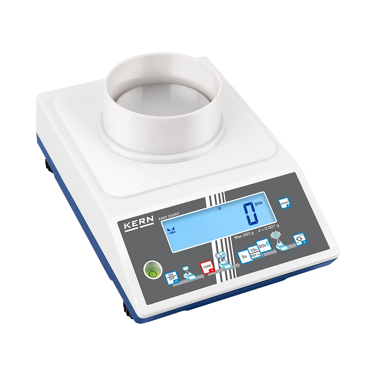 Balance numérique, blanc et bleu, avec écran LCD et affichage "0". Un cylindre blanc sur le dessus.