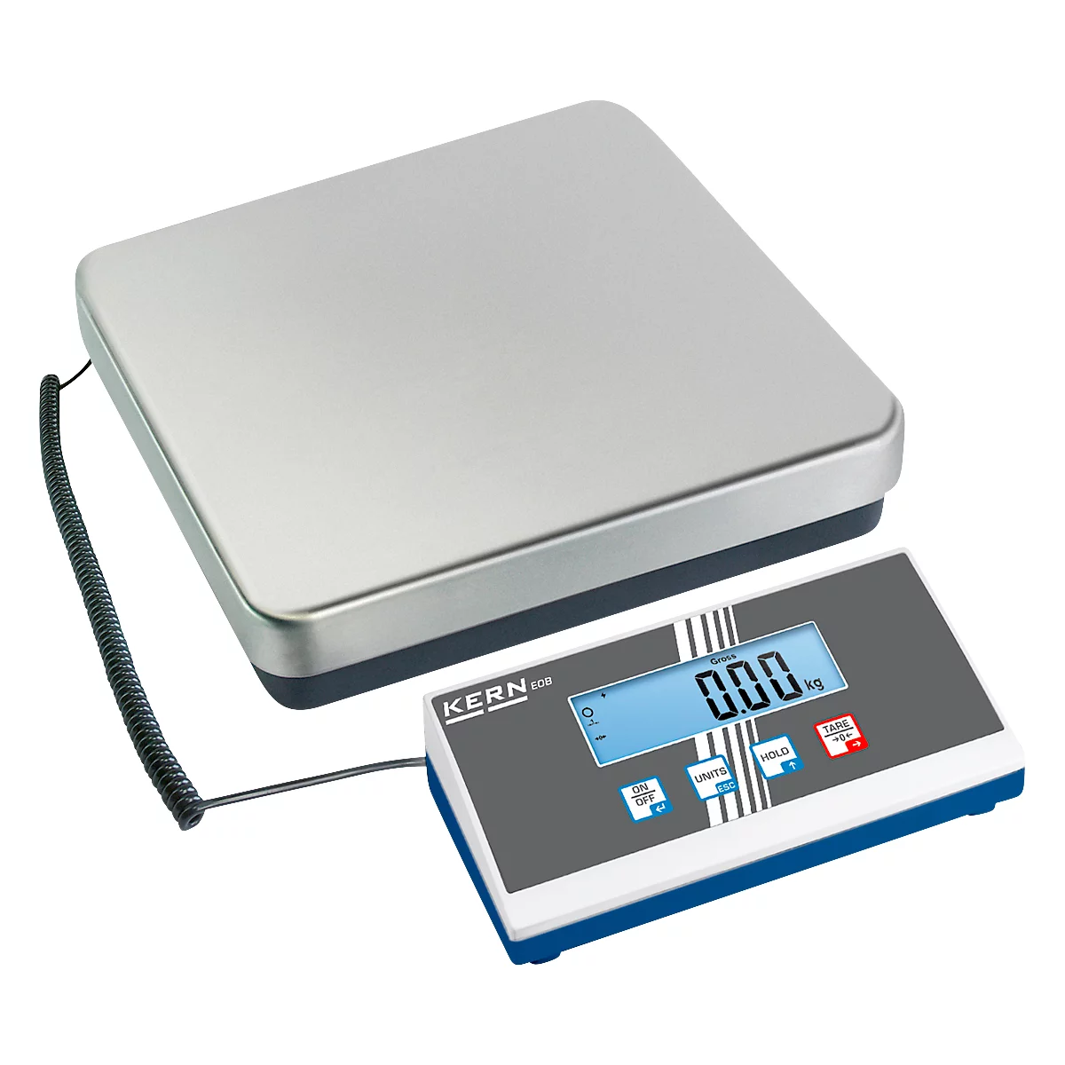 Une balance numérique pour colis affichant 0,00 kg. La balance a une surface de pesée argentée et un panneau de commande gris avec un écran bleu.