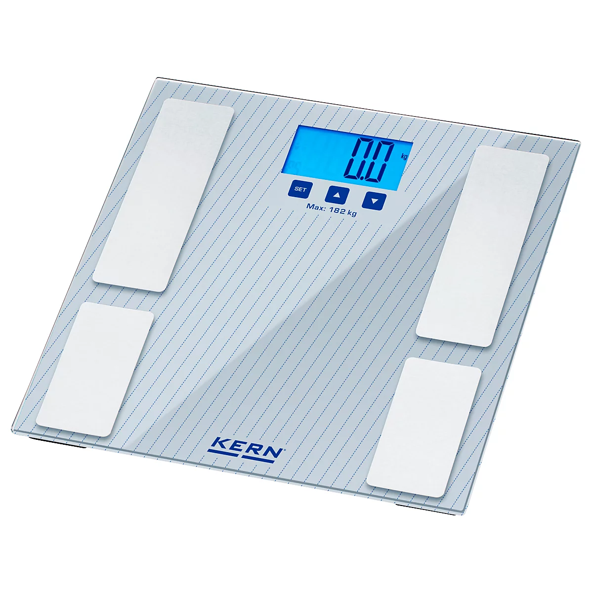 Digitale Personenwaage mit blauem Display, zeigt 0,0 an. Weisse Messflächen, Marke KERN.