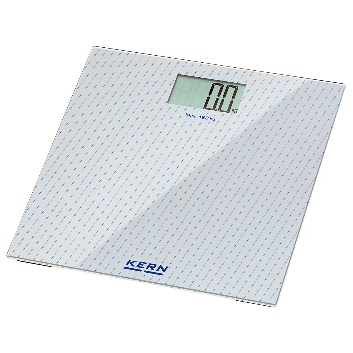 Weisse Personenwaage mit Digitalanzeige und 0,0 kg Gewicht. Das Logo von Kern ist am unteren Rand zu sehen.