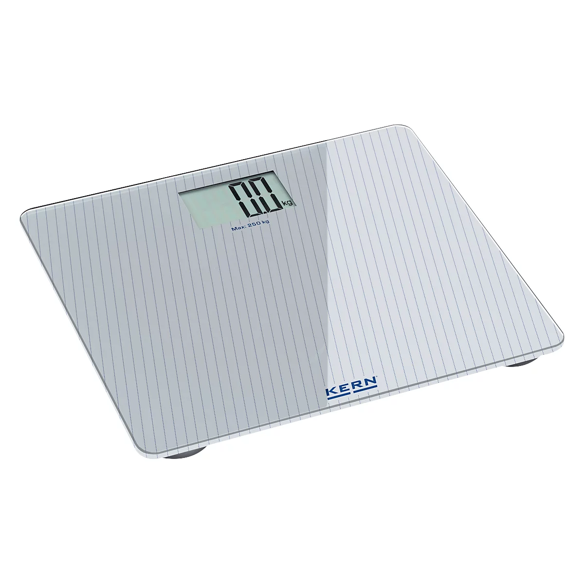 Eine digitale Personenwaage mit 0,0 kg Anzeige. Die Waage ist weiss, hat ein rechteckiges Design und ein Display.