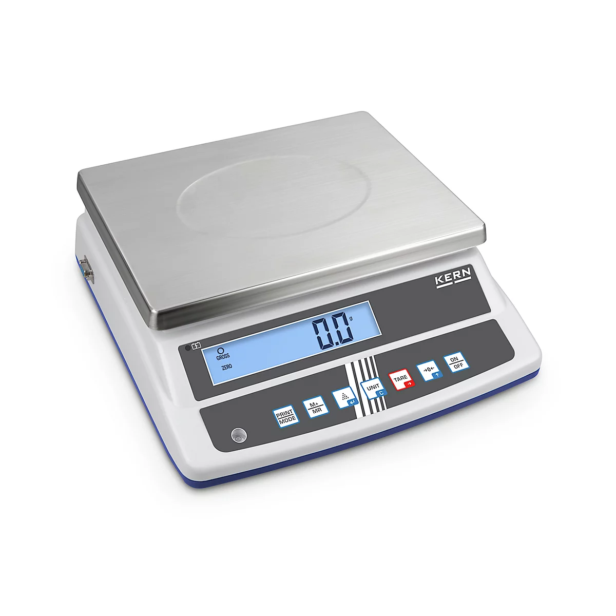 Digital scale with blue display showing 0.0, brand Kern.