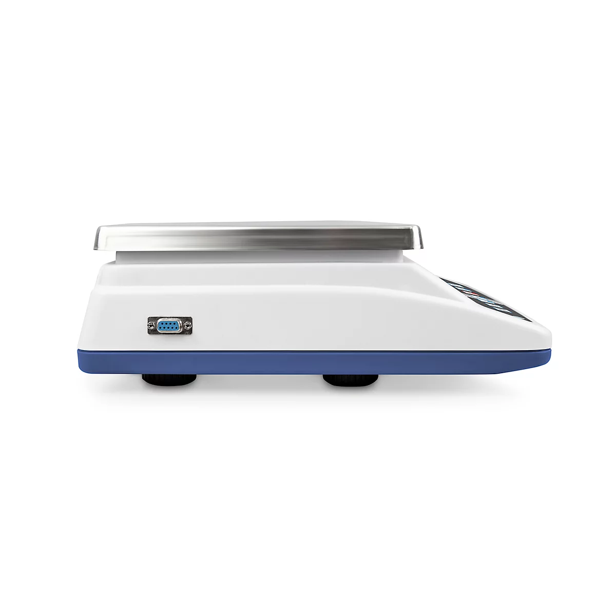 Side view of a white scale with a blue edge. A metal plate is on top.